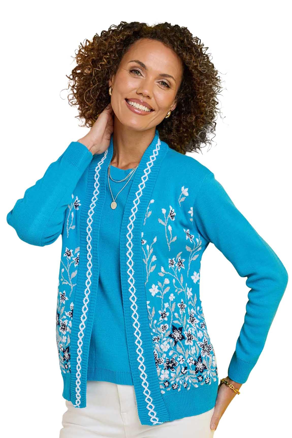 Chums Women's Blue Floral Jacquard Mock Twin Set Cardigan With Elegant Edge Trim Detail, Comfortable Stretch Fit 20-22
