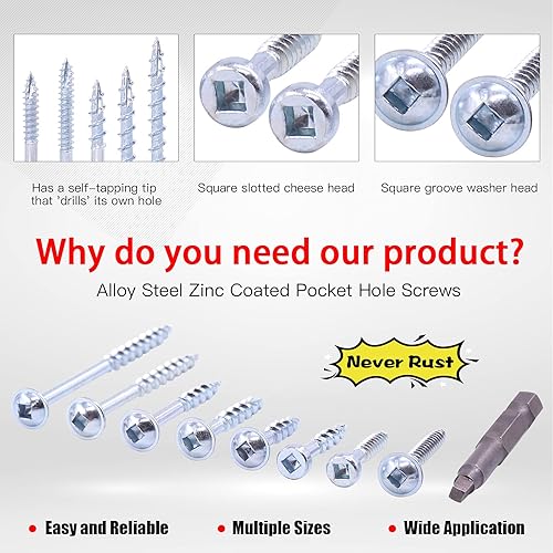 Miniatura 5 de Hilitchi Tornillos de acero de aleación #8 para agujeros de bolsillo de zinc resistentes a la intemperie, tornillos cuadrados con unidad cuadrada