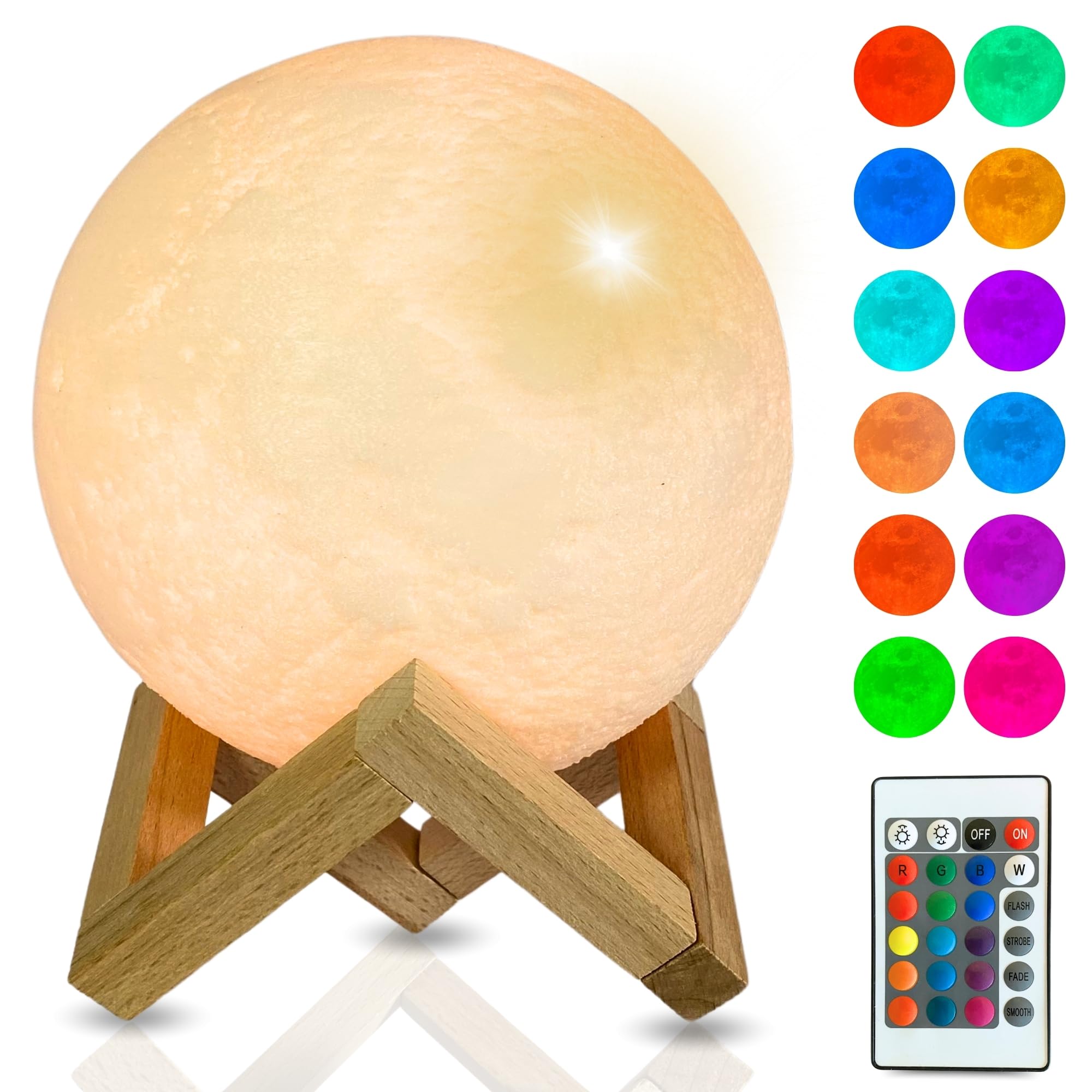 Lampara de Luna 3D, Lampara Mesita Noche, Luz Led de Noche,15cm, 16 Colores, Tactil, Lampara Led y Control Remoto, Decoracion Habitacion, Lampara Luna, Regalos Originales Niños Mujer Adulto