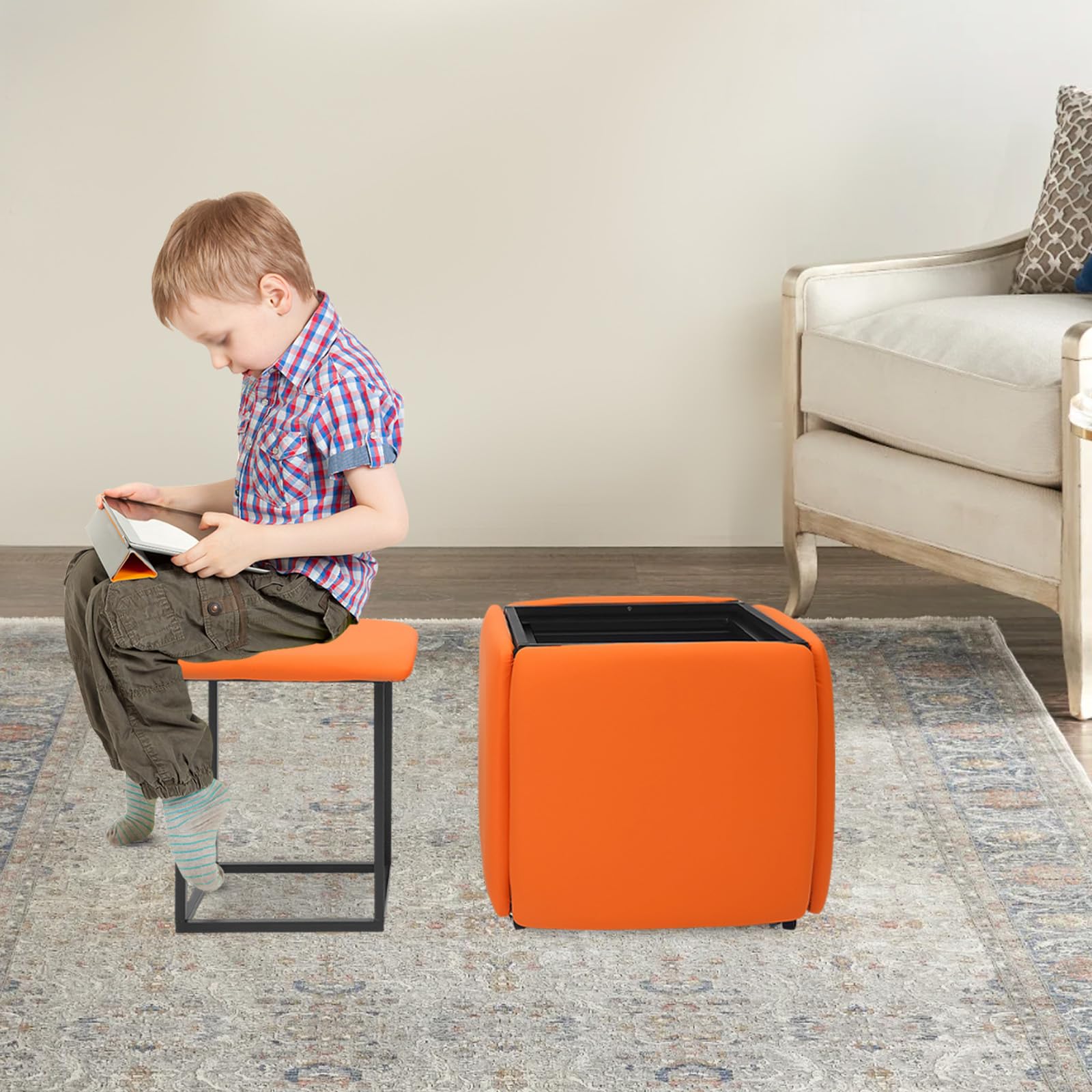 5 in 1 Sgabello multifunzione a cubo con ruote e freni, superficie in poliuretano, impilabile, per soggiorno, camera da letto, studio (arancione-rosso)