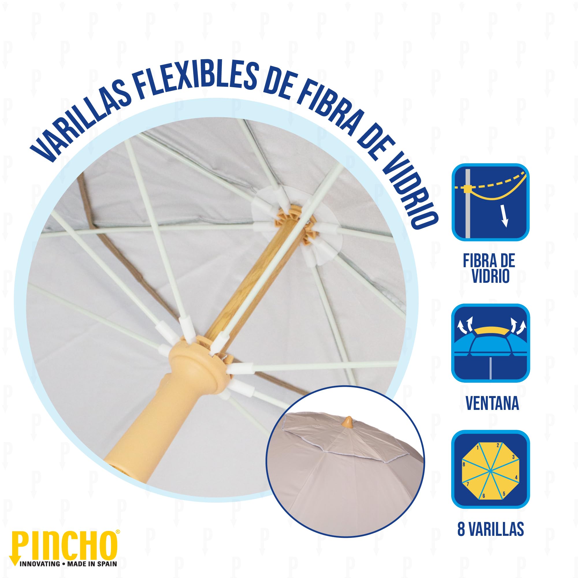 Pincho Sombrilla Playa Grande Familiar 200 cm, Sombrilla Playa Anti Viento UV50 Inclinable con Ventana, Soporte Anclaje y Bolsa Transporte, Tubo Aluminio Oxford, 8 Varillas Flexibles Fibra Vidrio