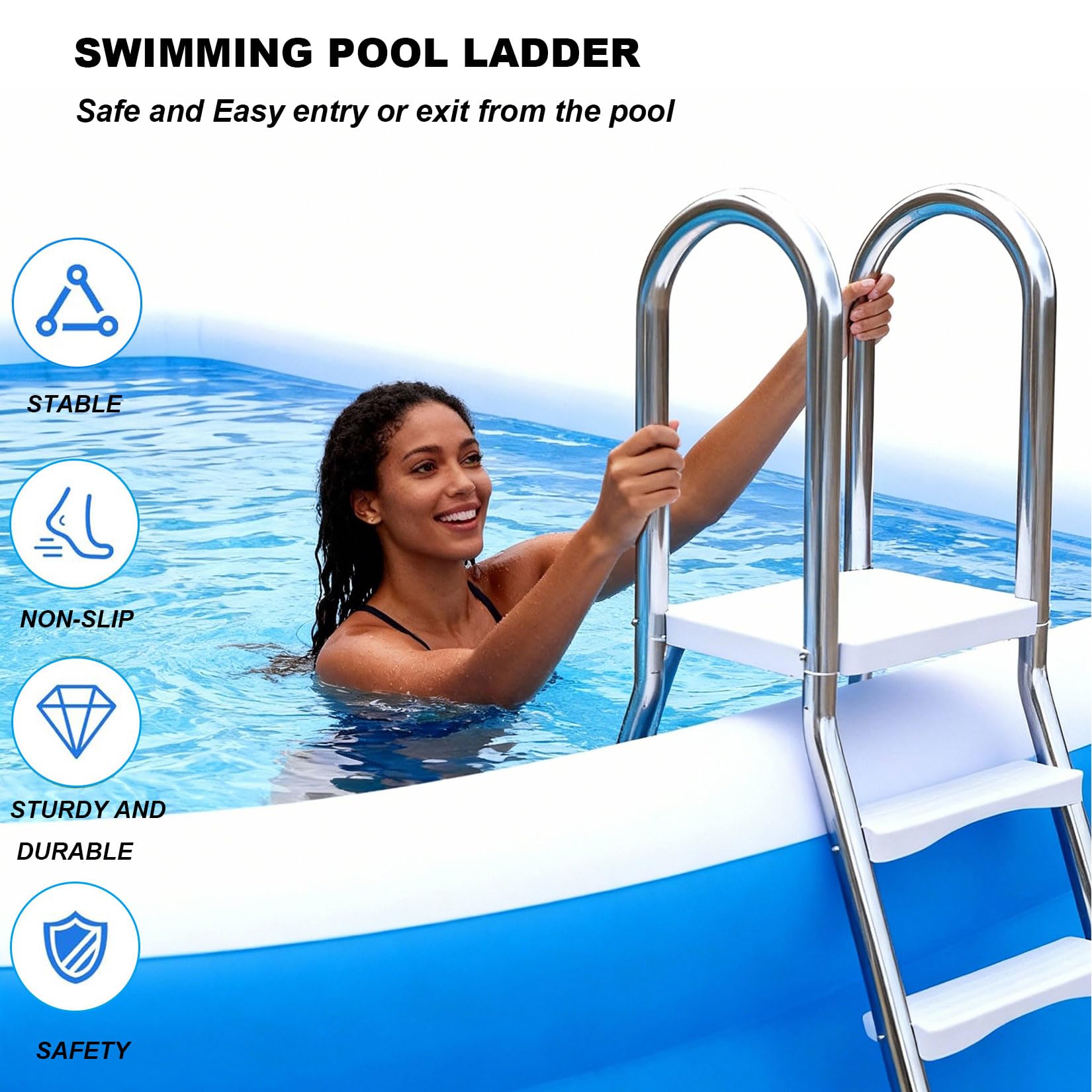 Escalera para Piscina elevada de 52'' Marco de Acero Doble Lateral para Entrada Salida de Piscina escalones de plástico Antideslizantes de Alta Resistencia Capacidad de Peso 250 kg,85cm
