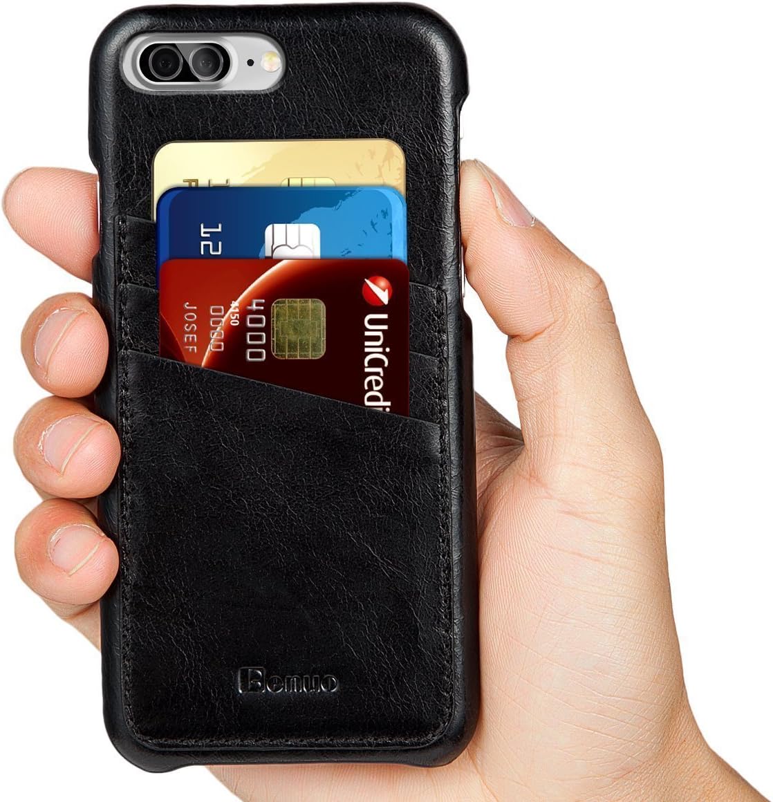 iPhone 8 Plus Case, iPhone 7 Plus Case, Benuo[Card Slot Vintage Series] Premium Genuine Leather Card Case,3 Card Slots, Ultra Slim, Soft Leather Cover for iPhone 8 Plus/7 Plus 5.5 inch(Stylish Black)