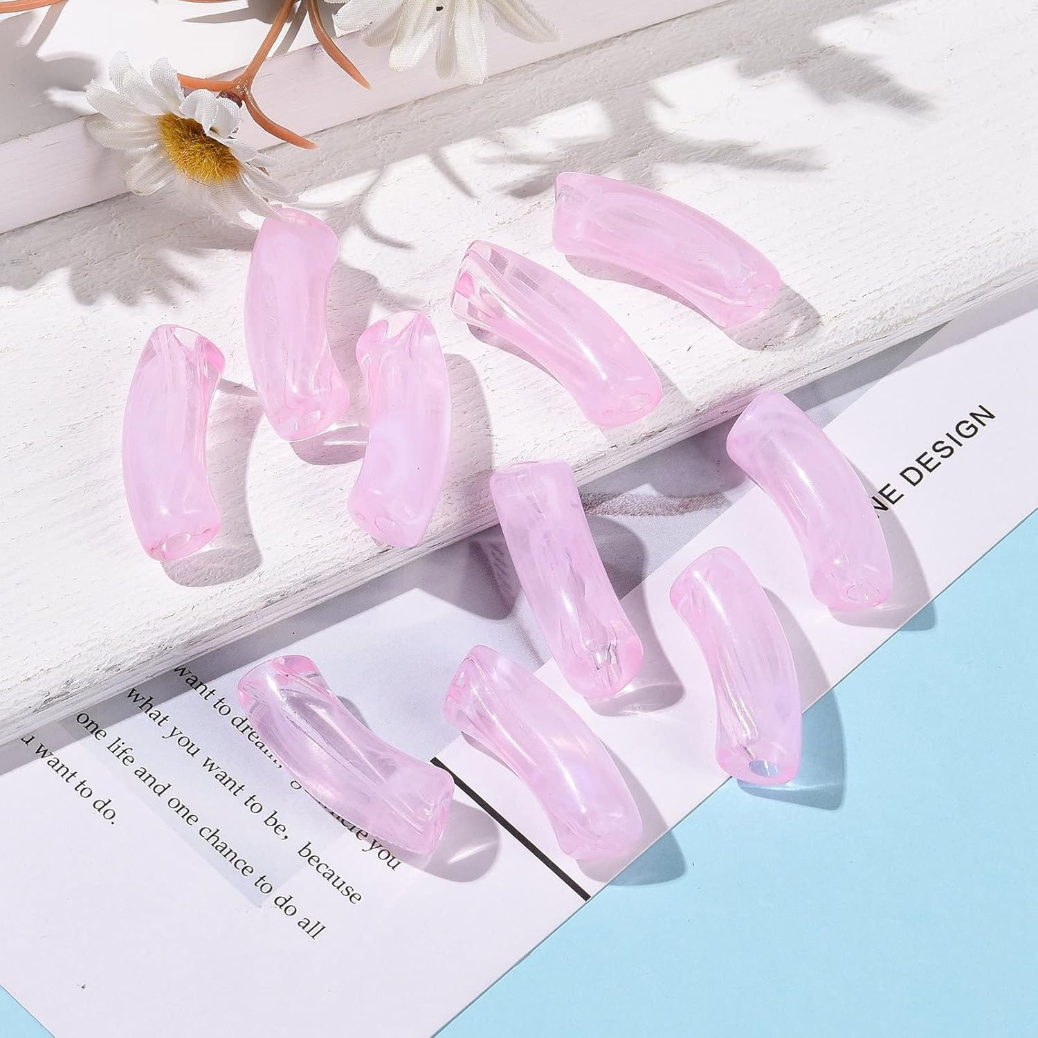 155pcs/500g 3.5mm Transparent Acrylic Beads Imitation Gemstone Curved Tube Beads Smooth Surface Loose Spacer Misty Rose Beads for DIY Bracelet Jewelry Craft Making Supplies 34.5x13x11mm