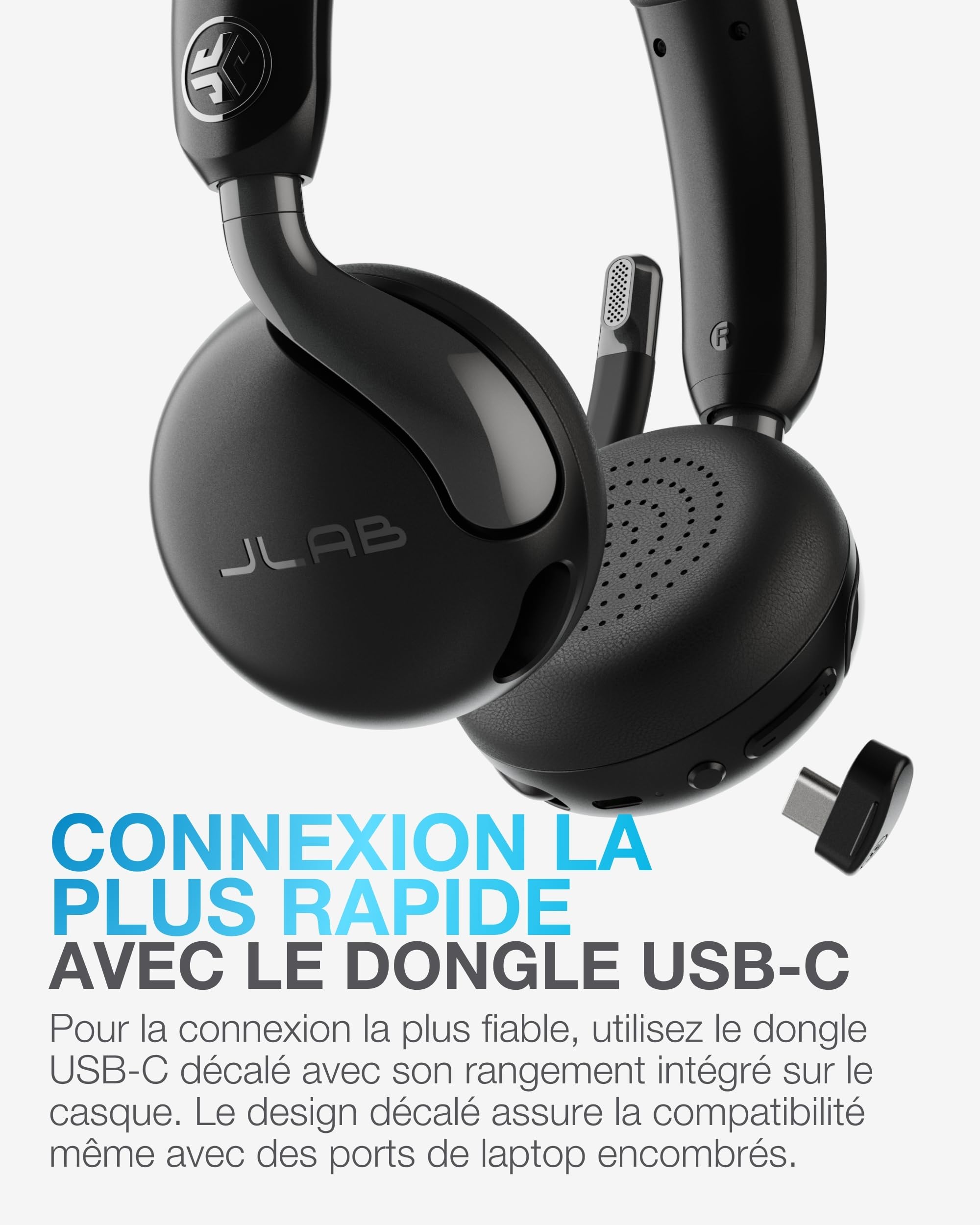 JLab Go Work 3 Casque Bluetooth sans Fil avec Micro - 70h d'Autonomie, RéDuction de Bruit ENC, Multipoint, Dongle USB-C, Micro Casque PC Confortable pour Bureau et TéLéTravail