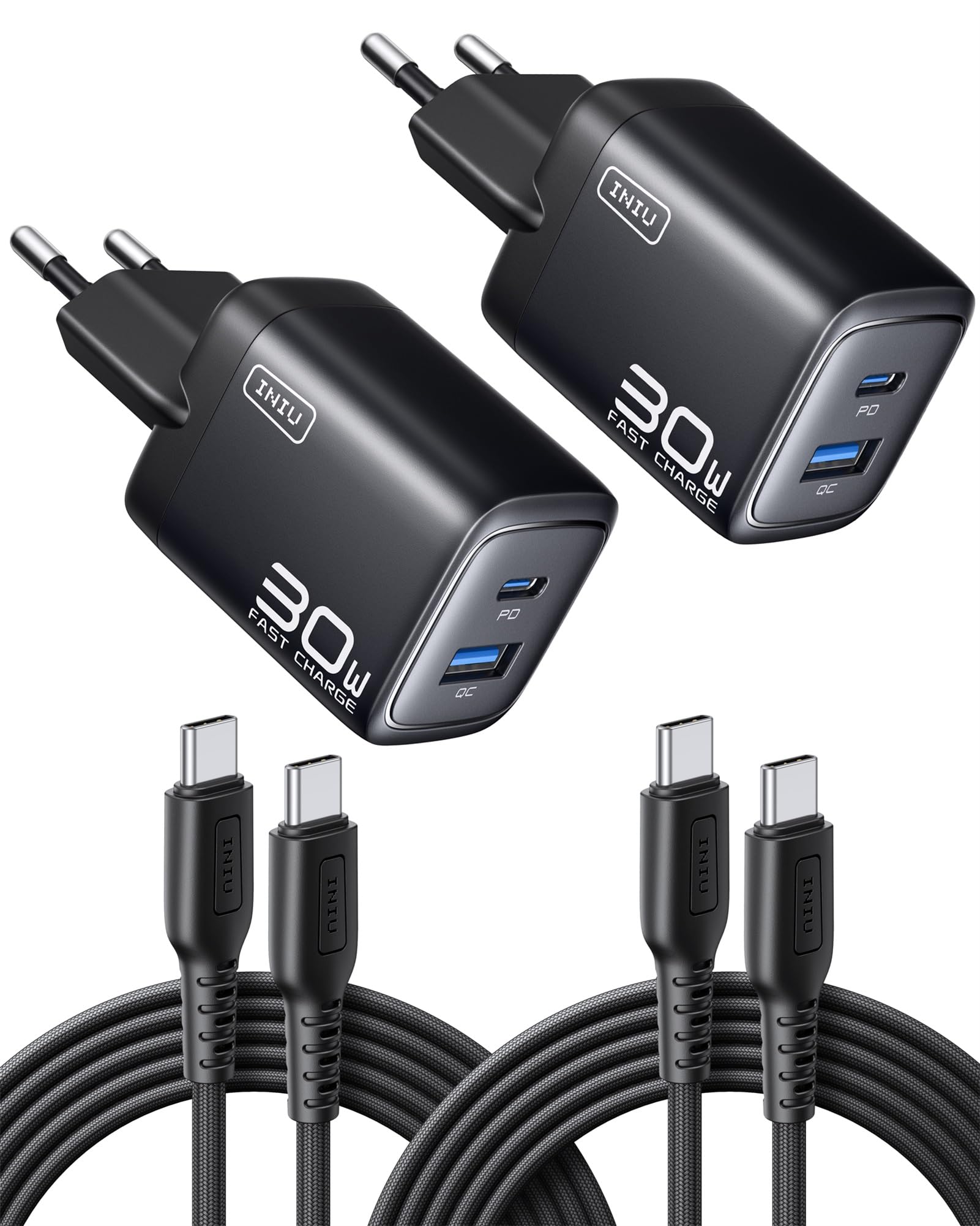 INIU 30W USB C Ladegerät 2-Pack, [USBC + USBA] Schnellladegerät mit Kabel, GaN PD Mehrfach Netzteil, USB C Charger für iPhone 17 16 Pro Max, iPad Pro, MacBook Air, Galaxy S25 S24 S23 Ultra, Google etc