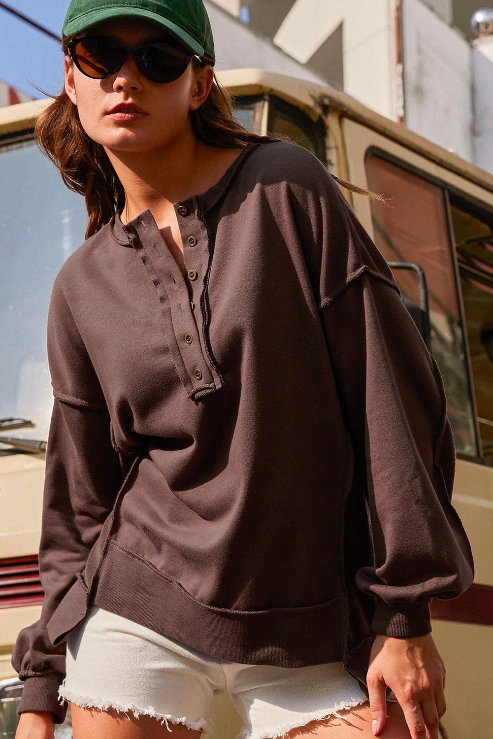 Dokotoo Sweatshirt for Women Oversized Casual Long Sleeve Button Henley Neck Pullover Tunic Tops Fall Fashion Outfits