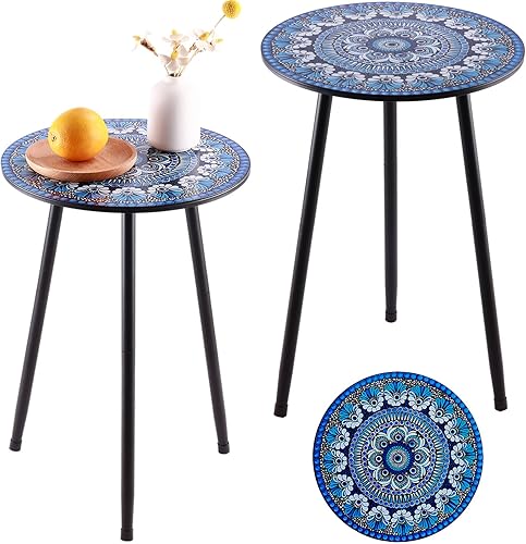 Miniatura 22 de Juego de dos mesas auxiliares de metal para exteriores, mesas auxiliares redondas pequeñas para patio, mesa esquinera de jardín moderna para