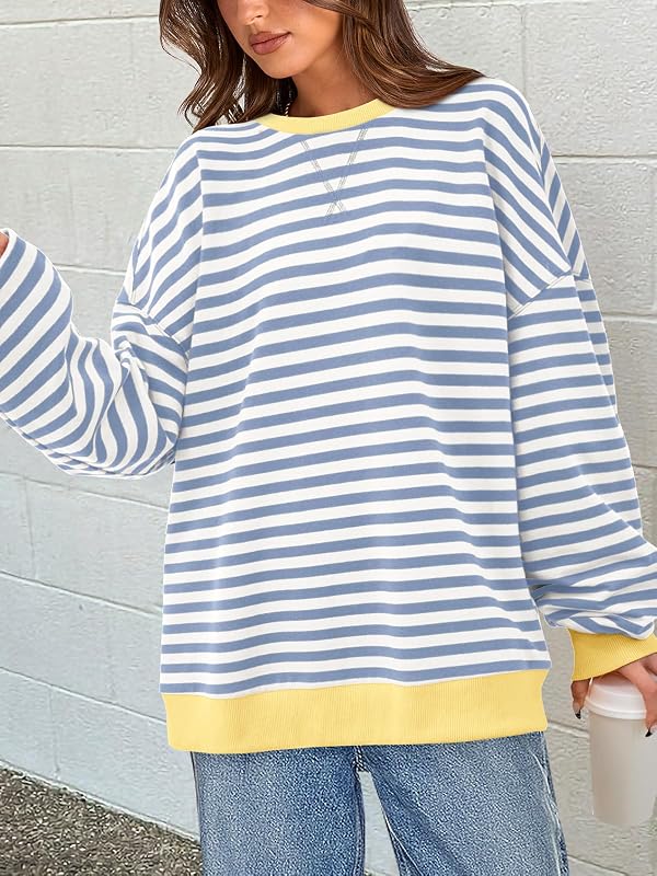 PRETTYGARDEN Womens Striped Oversized Sweatshirt Color Block Crew Neck Long Sleeve Casual Loose Pullover Top Y2K Clothes (Blue Beige, Medium) image 2