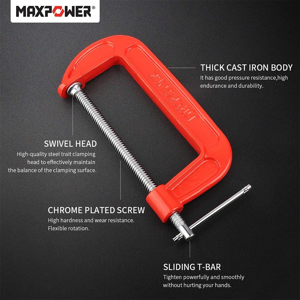 MAXPOWER 4-pieces C Clamps Set, 6 Inch C Clamp, Up To 6-Inch Jaw Opening, 2-3/4 Inch Throat Depth