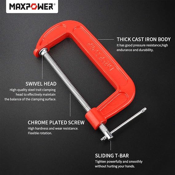 MAXPOWER 4-pieces C Clamps Set, 6 Inch C Clamp, Up To 6-Inch Jaw Opening, 2-3/4 Inch Throat Depth