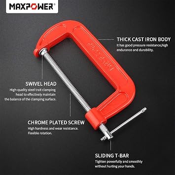 MAXPOWER 4-pieces C Clamps Set, 6 Inch C Clamp, Up To 6-Inch Jaw Opening, 2-3/4 Inch Throat Depth