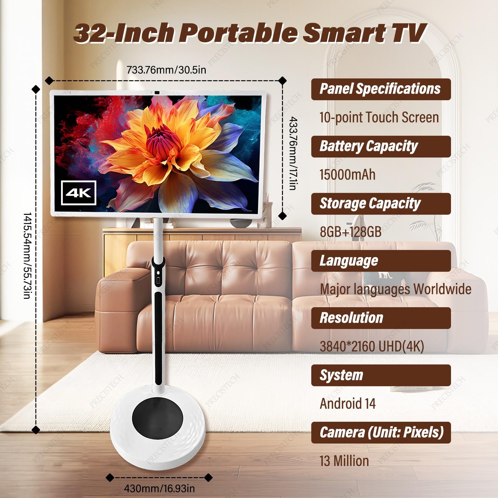 Télévision Tactile Portable 1080p/4k, TV Mobile sans Fil avec Batterie Longue Durée Et écran Rotatif, Idéale pour La Maison, Bureau Et Espace Extérieur(8+128G,32in)