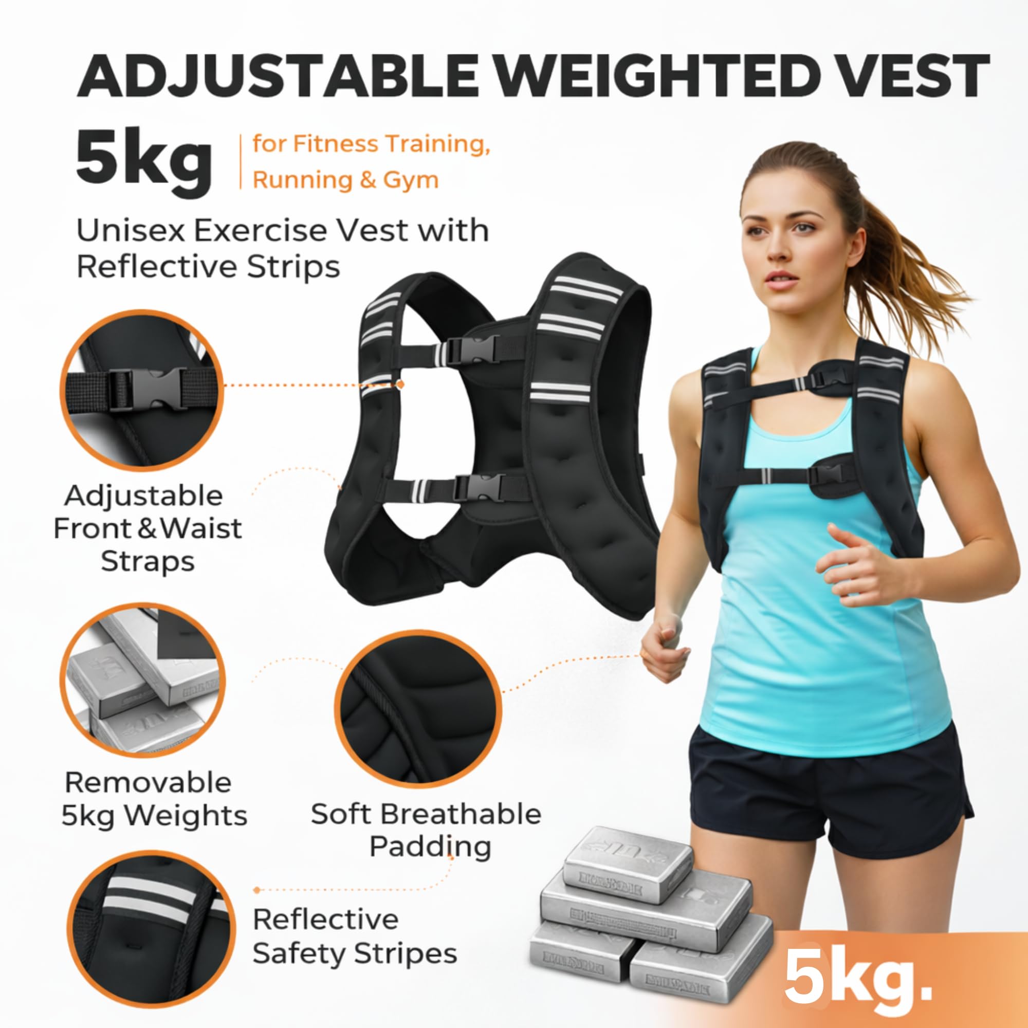 Gilet ponderato da 5 kg e 10 kg, regolabile, per fitness, corsa, jogging, palestra, allenamento, allenamento con pesi, ideale per allenamenti in palestra, yoga ed esercizi aerobici