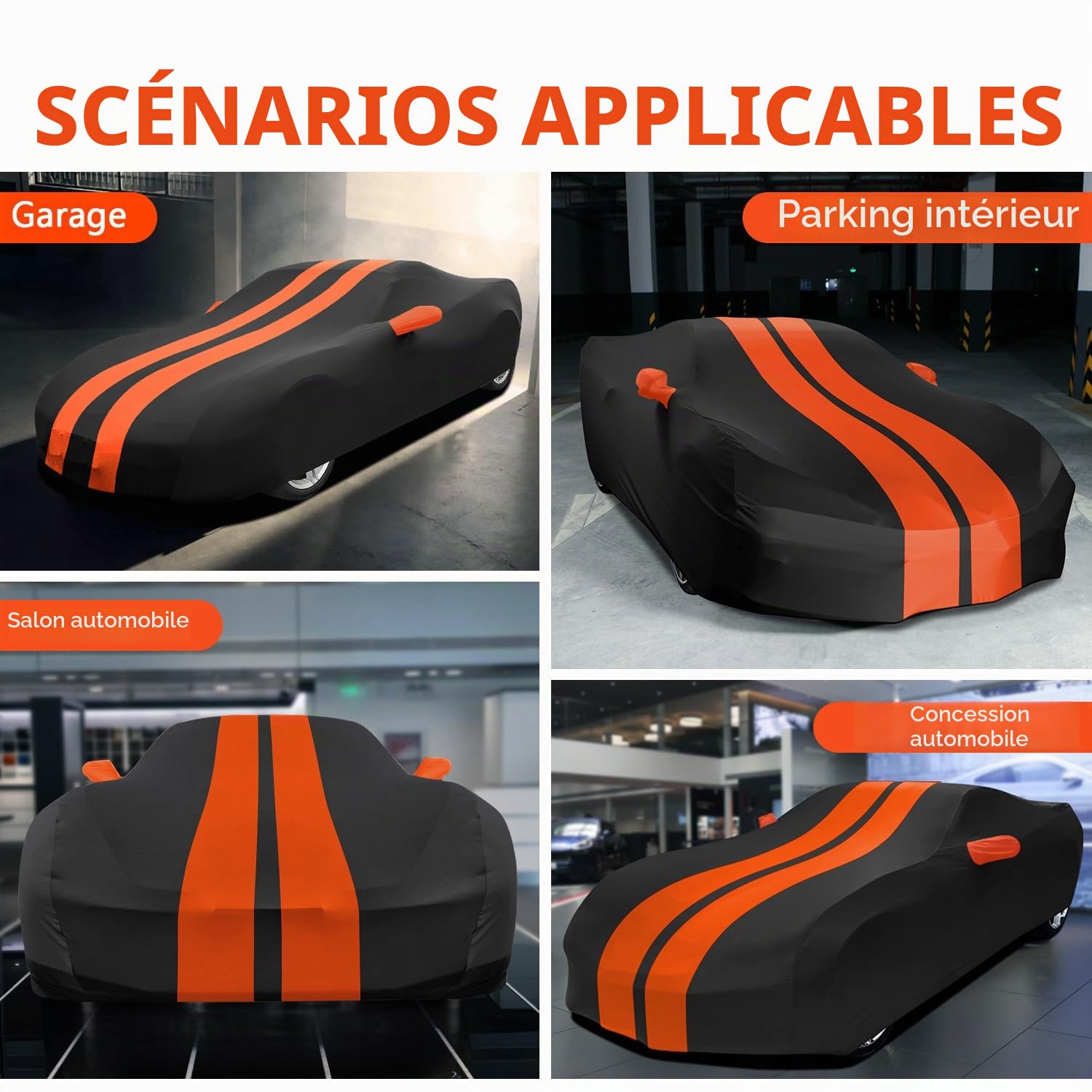 TECTICO Bache Housse Voiture Intérieur de Sport 4,2-4,6m,Élastique Respirante Souple Anti Rayure Protection Complète pour Garage Indoor Auto Show, Noir+Orange
