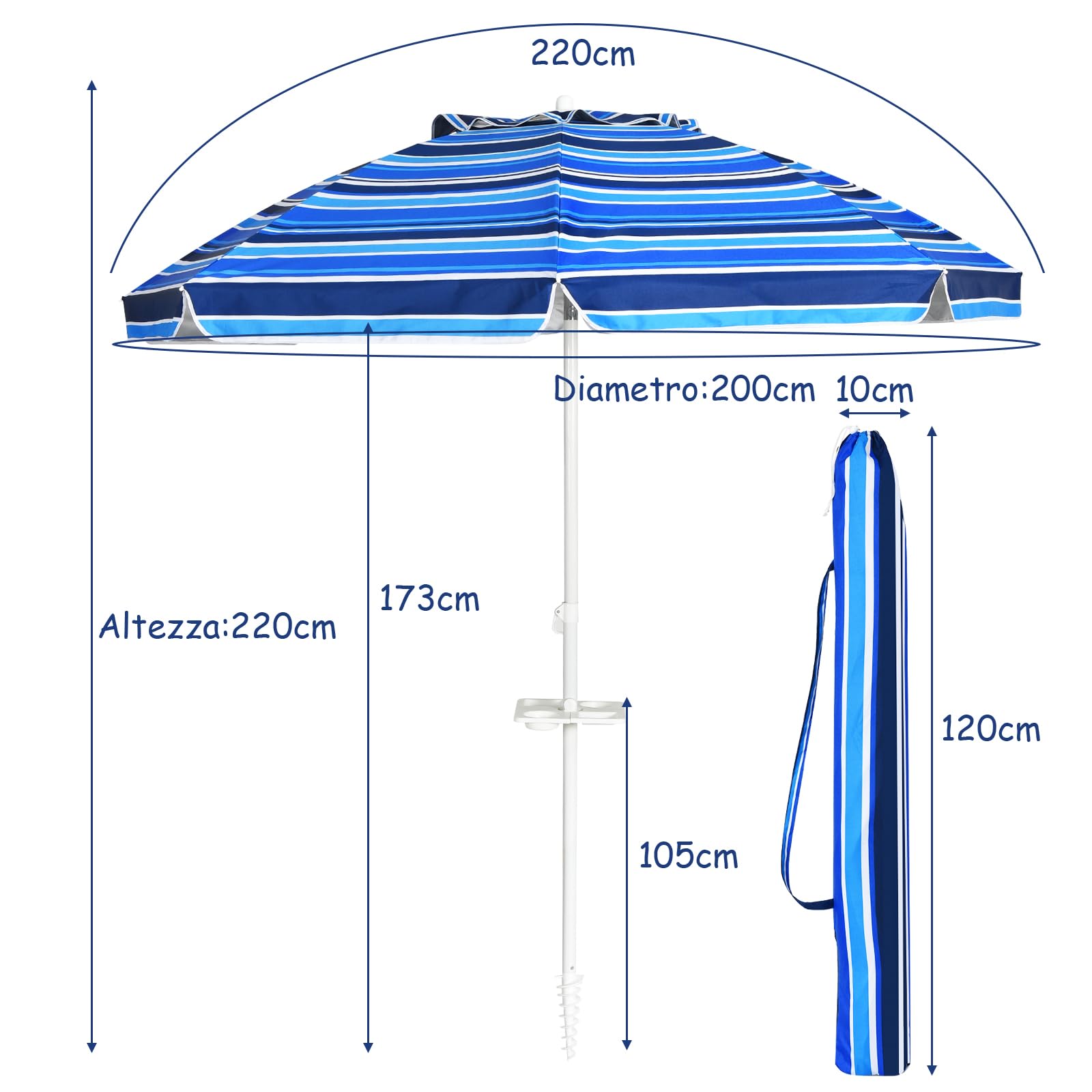 GYMAX Ombrellone da Spiaggia Inclinabile, Protezione Solare 50UV+, Ombrello Portatile con Borsa, a 8 Stecche, Ideale per Spiaggia, Campeggio, Eventi Esterni