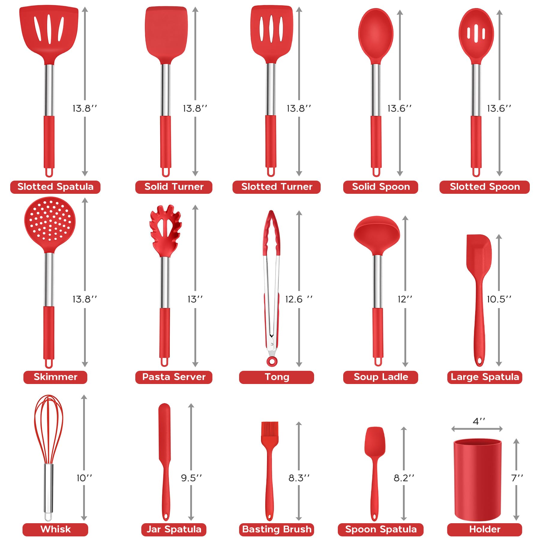 Onader 15 Pcs Silicone Cooking Utensils Set, Red Kitchen Utensils Spatula Set with Holder, Large Kitchen Gadgets Tools for Nonstick Cookware
