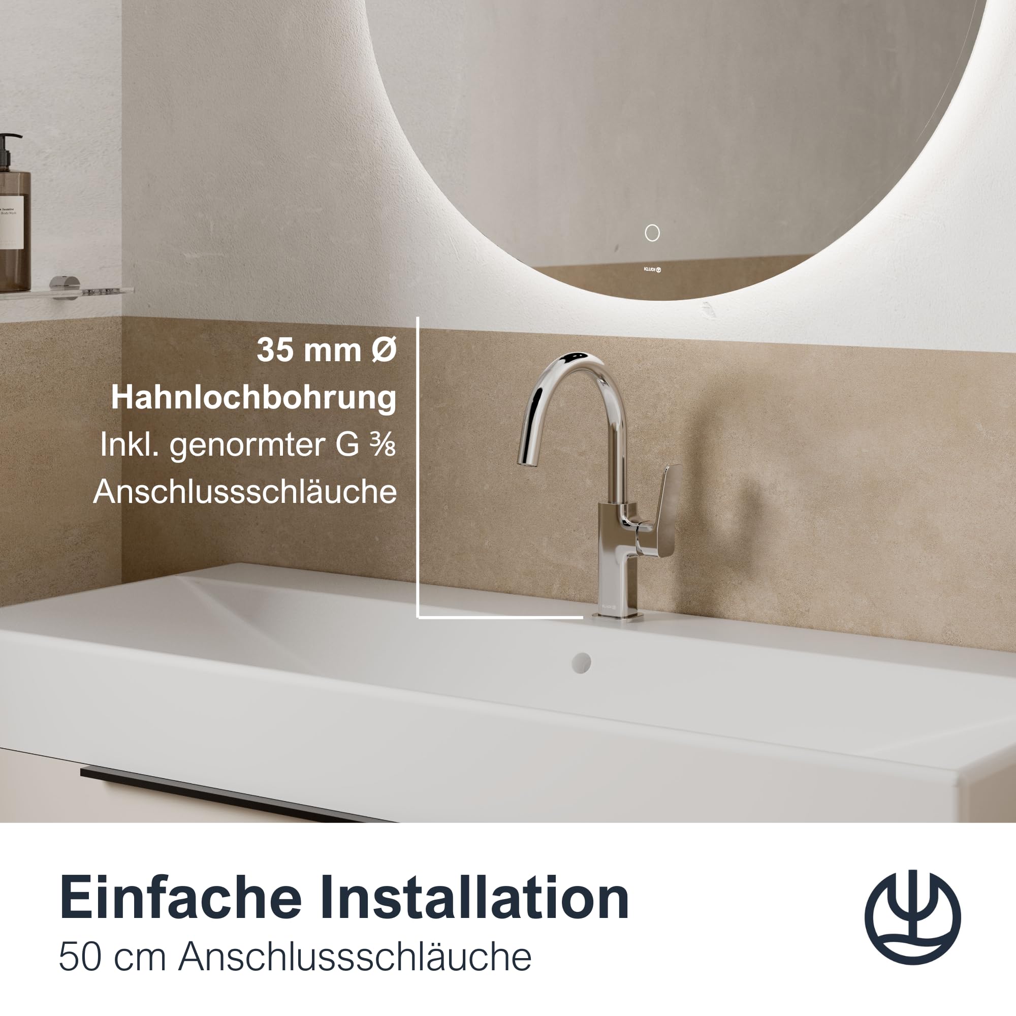 KLUDI-X3 Wasserhahn Bad mit Push-Open Ablaufgarnitur, 360° schwenkbar, Auslaufhöhe 180 mm, wassersparende Waschtscharmatur Bad Größe L, Mischbatterie Waschbecken inkl. Anschlussschläuche in Chrom