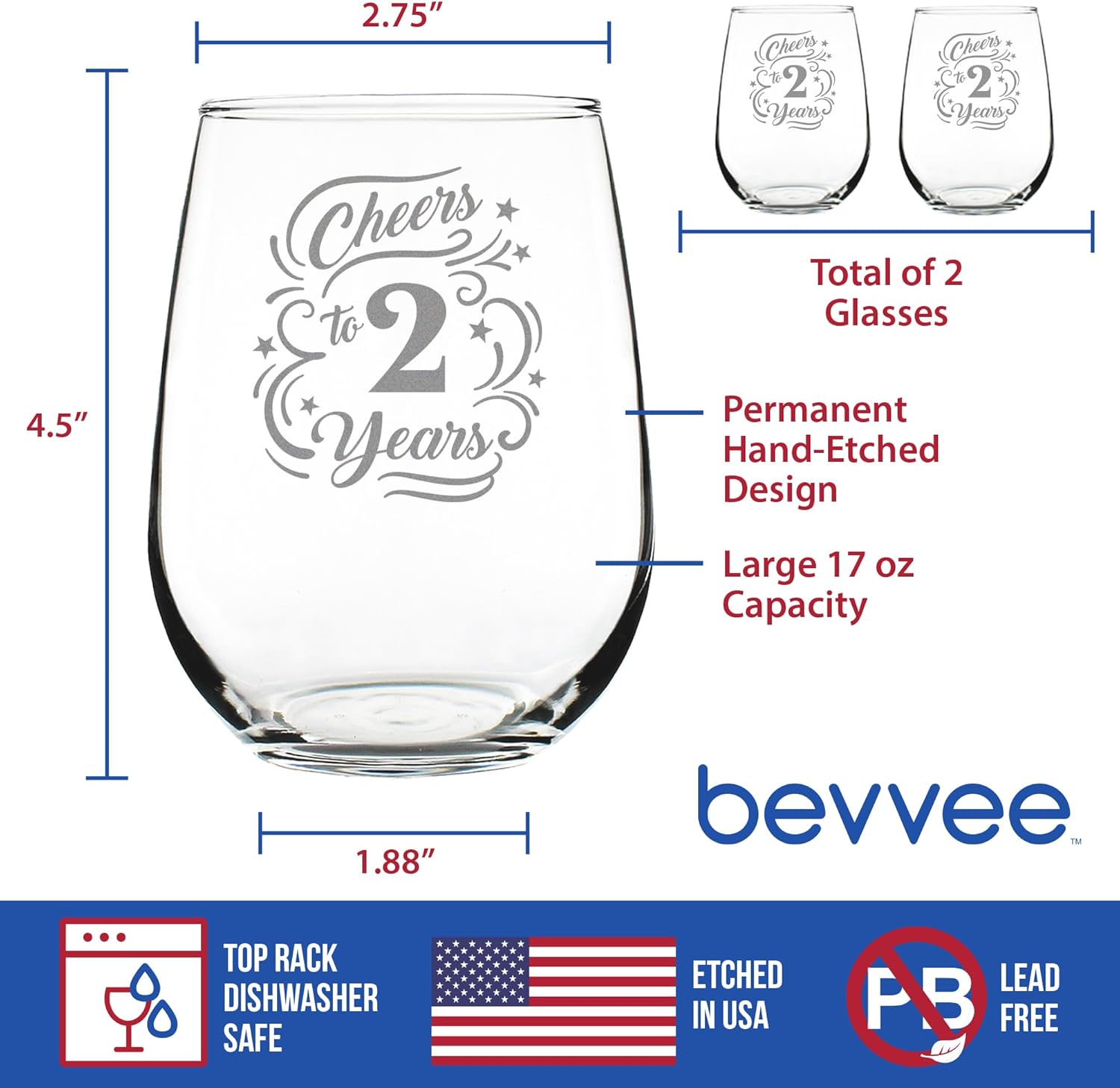 Bevvee Cheers to 2 Years - Stemless Wine Glass Gifts for Women & Men - 2nd Anniversary Party Decor - Set of 2 - Large 17 Oz Glasses