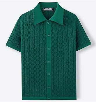 Mens Green Knit Polo Shirt Short Sleeve Button Down Vintage
