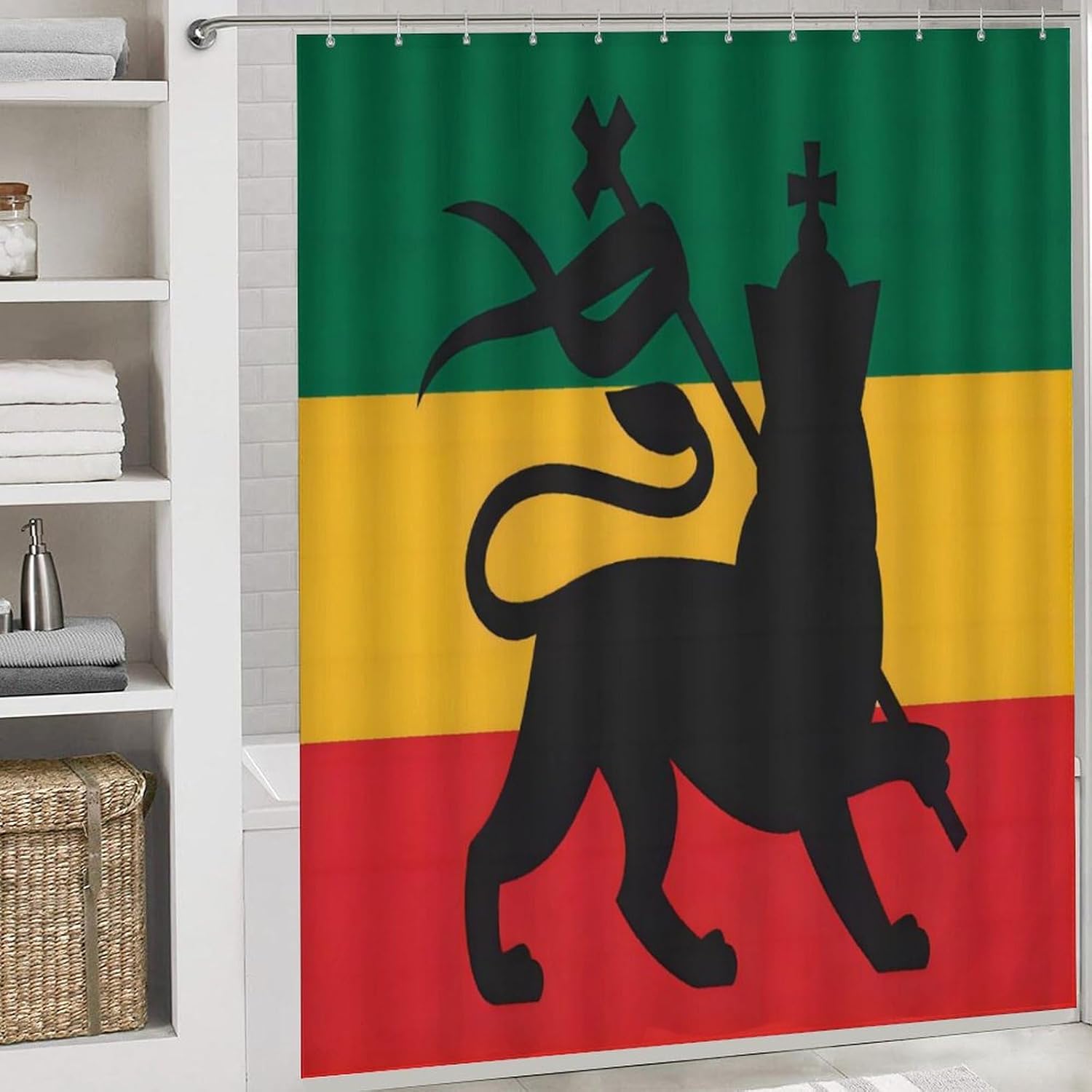 Rastafarian Flag with Lion Judah 4 Pcs Shower Curtain Sets Non-Slip Rugs U-Shaped Bath Mat, Toilet Cover, Abstract Geometric Modern Bathroom Set.
