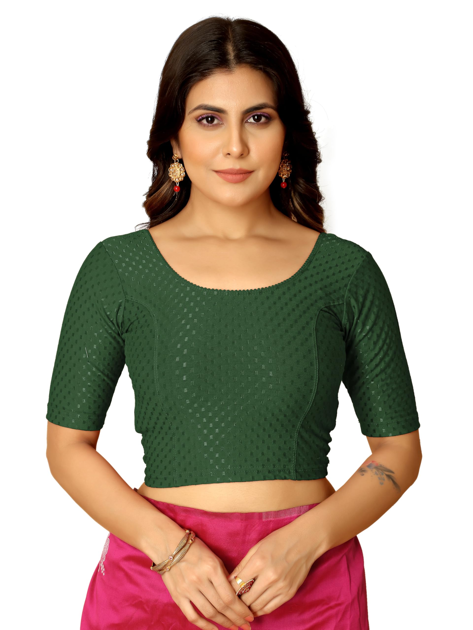 Amazon Brand - Anarva Round Neck Dobby Cotton Lycra Stretchable Elbow Half Sleeve Readymade Saree Blouse for Women Stylish
