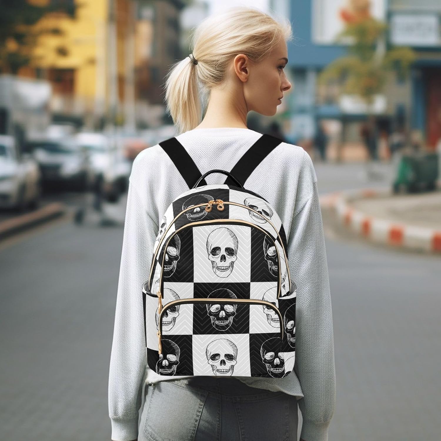 Mini Backpack Purse for Women Lightweight Girls Small Size Gothic Skull Black and White School Teens College Traveling - Image 7