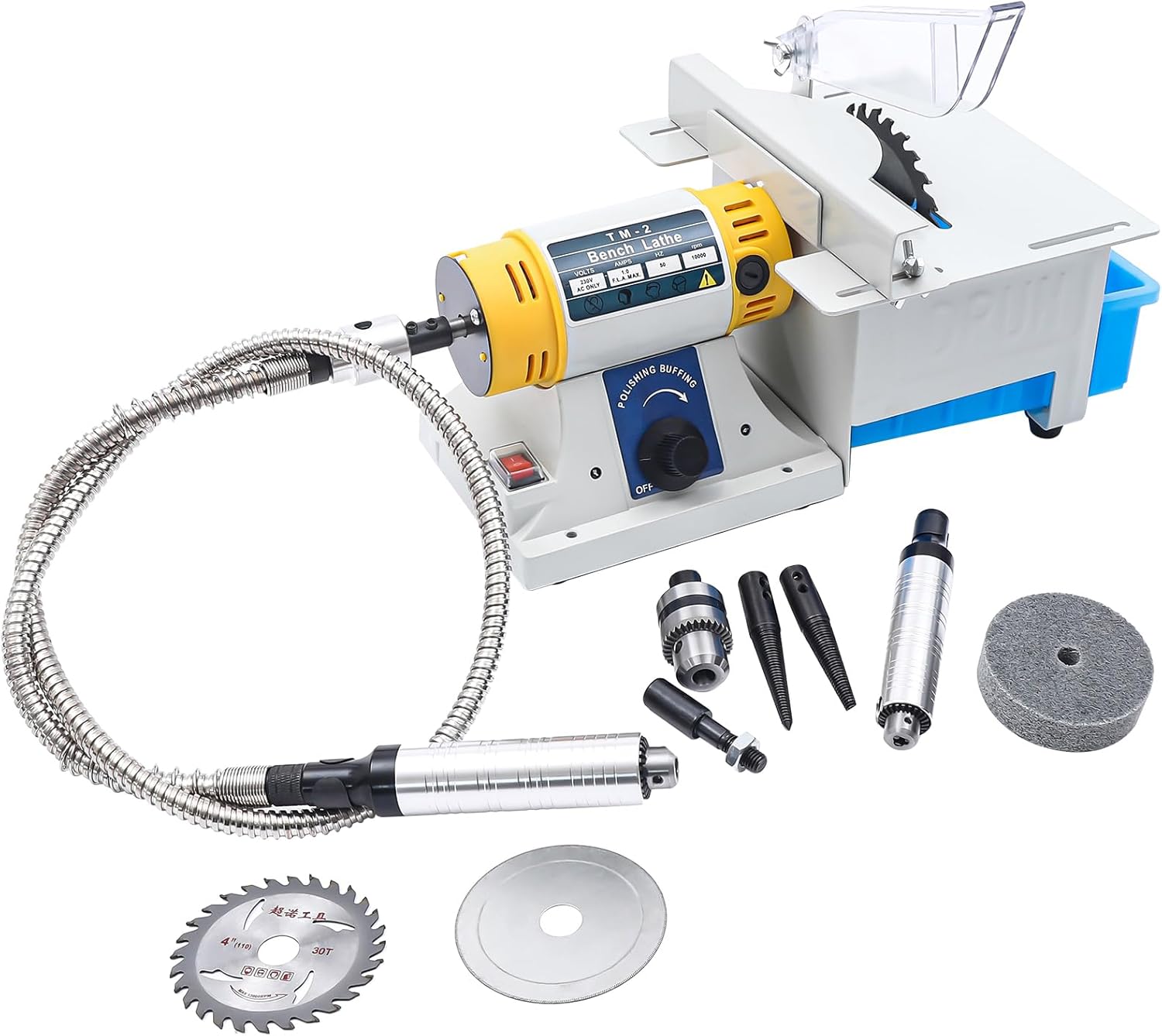 750W Mini Table Saw & Polisher – Adjustable Speed 0-10,000 RPM, Multifunctional Lapidary Saw Gem Jewelry Polishing Grinding Machine w/Flexible Shaft Right Benchtop