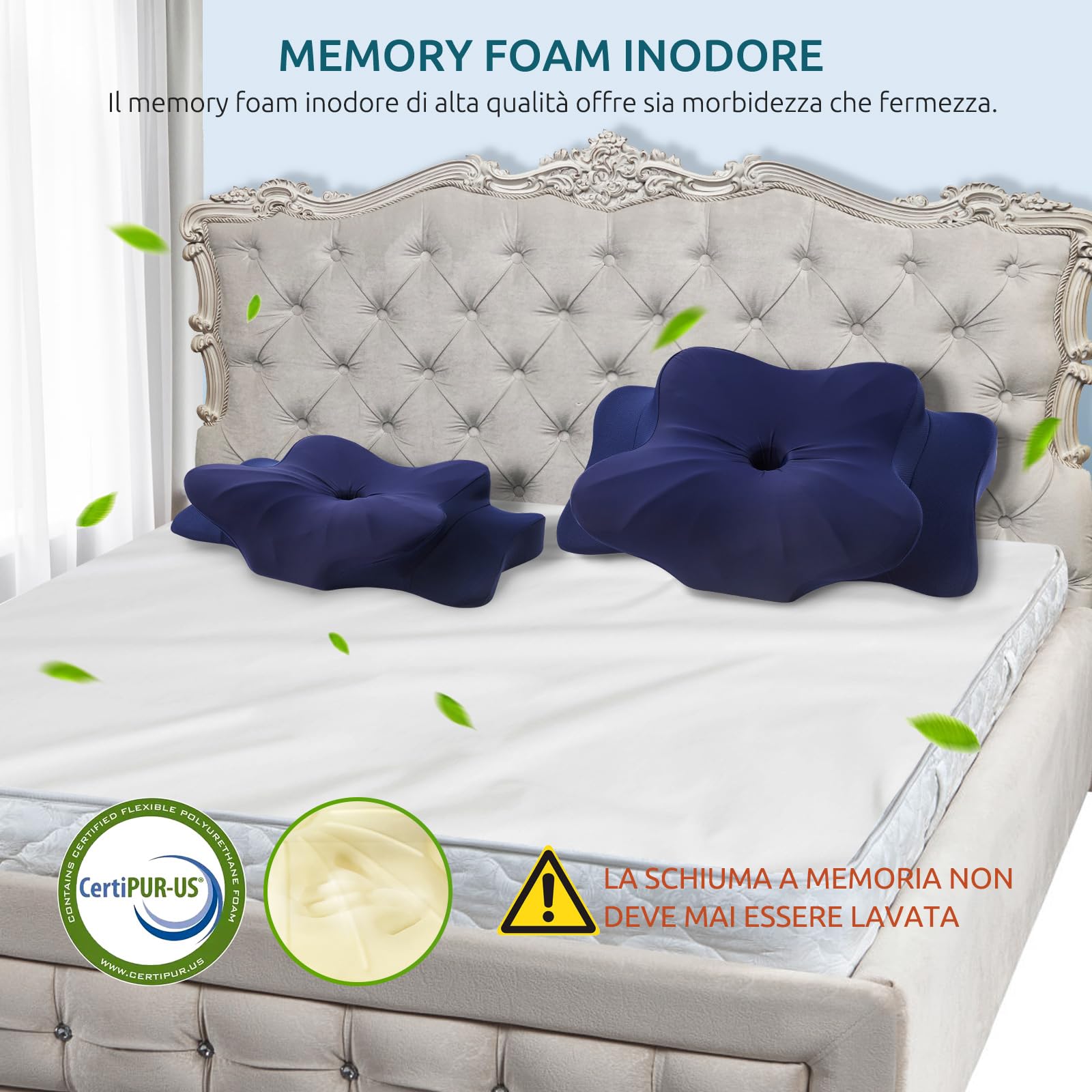 DONAMA Cuscino Cervicale per Dormire, Cuscino Ergonomico Cervicale per Dormitori Laterali, Supini e Proni, Cuscino per Cervicale con Federa Sfoderabile e Lavabile (Blu Scuro, 63x38x14 cm)