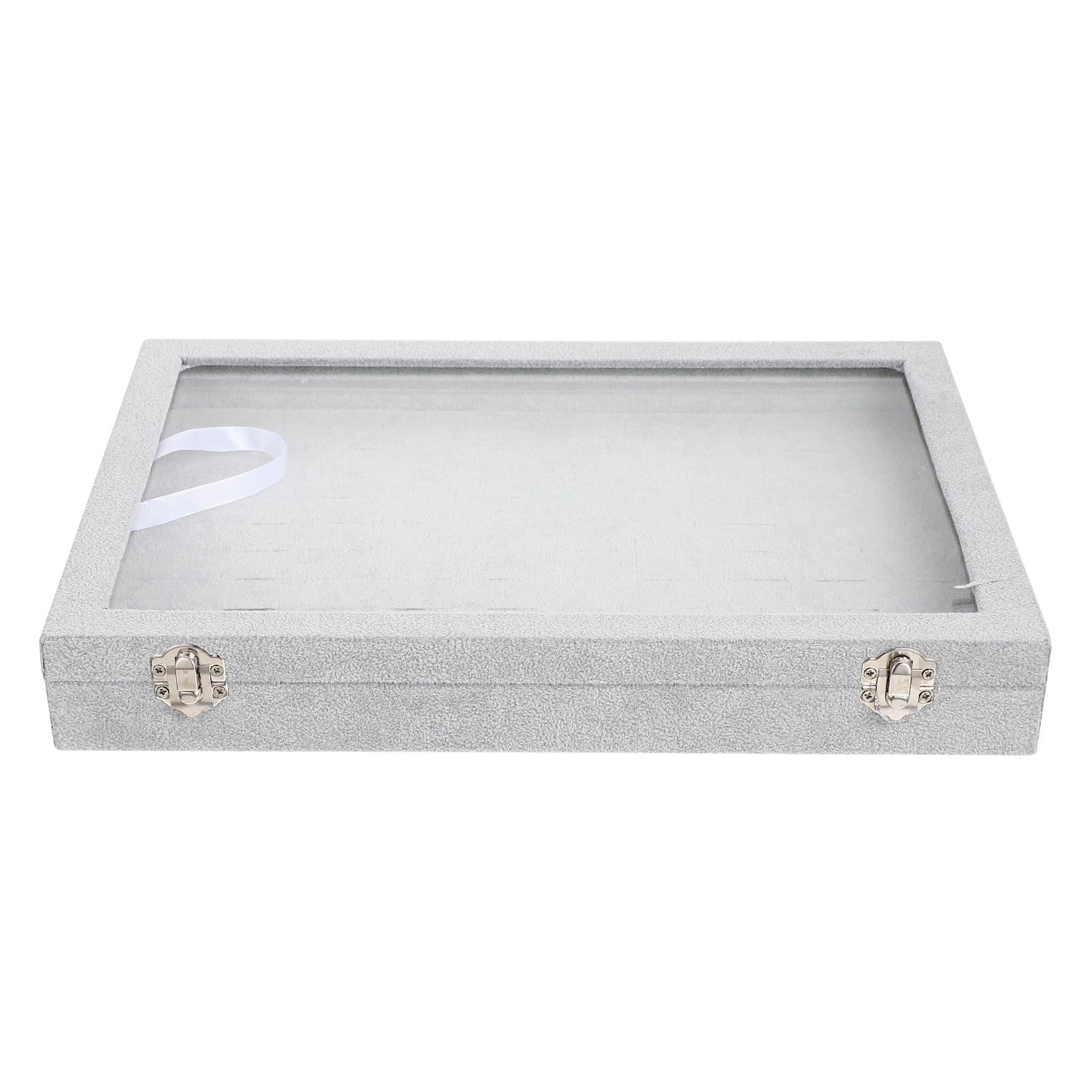 TOPBATHY Bandeja Organizadora de Anillos con 100 Ranuras Tapa Transparente y Diseño en Gris de Terciopelo Caja para Exhibición y Almacenamiento de Joyas Soporte para Pendientes y
