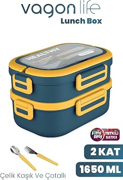 1650 ML Two Layers Three Compartment Stainless Steel Lunch Box New Generation Lunch Box - With Spoon And Fork -6715