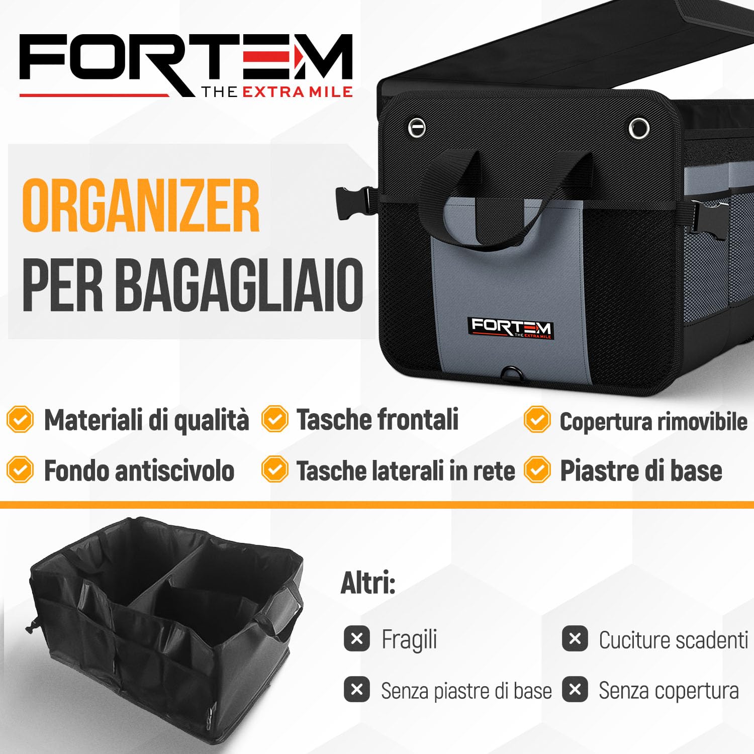 FORTEM Organizzatore Baule SUV, Contenitore Pieghevole Multi Scomparti, Accessori Auto Uomo Donna, Tessuto Oxford 1680D, Fondo Antiscivolo, Cinghie Regolabili, Coperchio Morbido (90L)