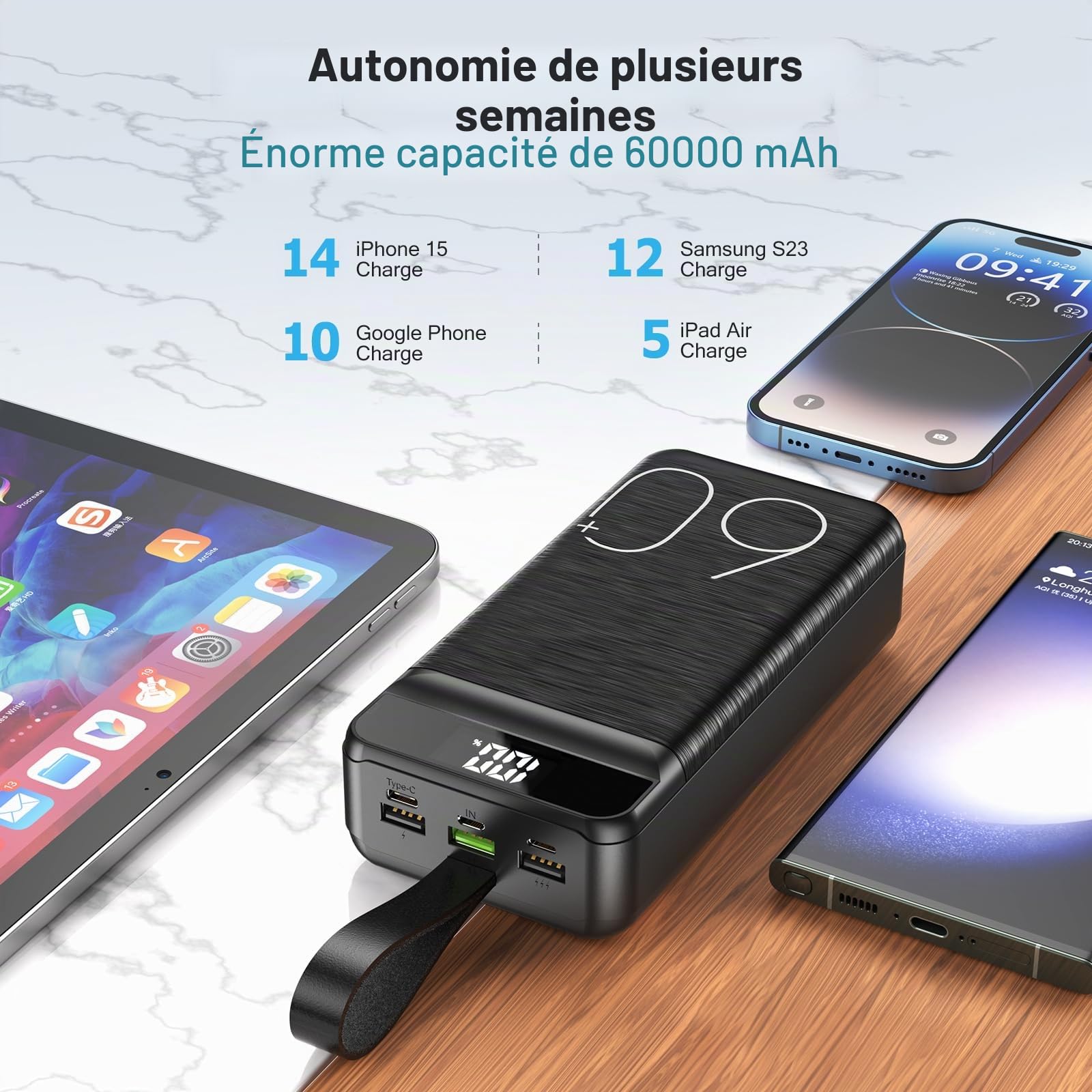 Power Bank 60000 mAh 22,5 W Charge Rapide Chargeur USB-C Charge Rapide avec 4 sorties et 3 entrées, Écran LED Grande capacité Batterie externe pour la plupart des appareils électroniques