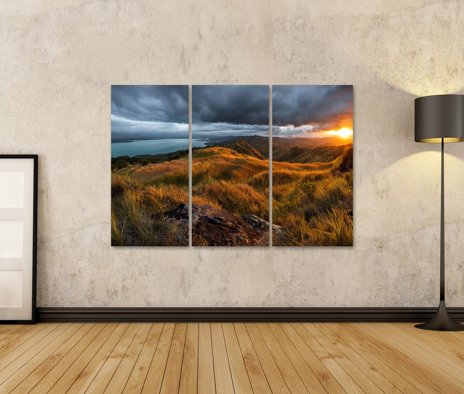 islandburner Quadro su tela Maestose risaie in rosso sera murale soggiorno per gli amanti della natura, 3 pezzi