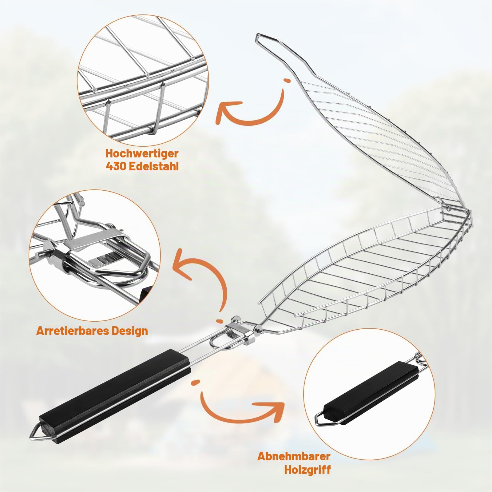 Fischgrillkorb Edelstahl, Fisch Grillhalter & Fischzange zum Grillen, Fischgrillgitter mit abnehmbarem Griff | Rostfreier Fischbräter für Ganzfisch, Grillzubehör für Gasgrill, Holzkohlegrill & Camping