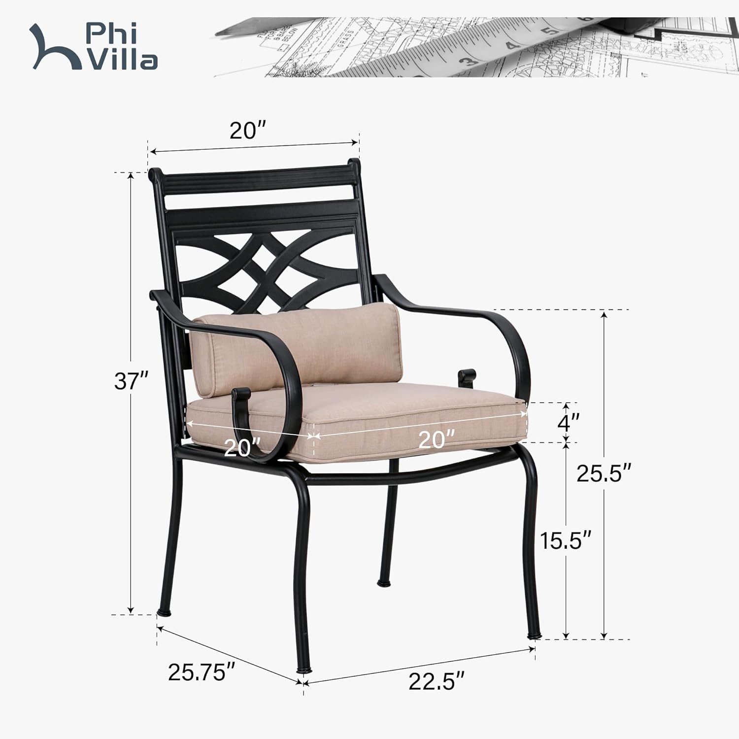PHI VILLA Outdoor Dining Chairs Set of 4, Patio Wrought Iron Chairs with Cushions and Pillows, All Weather Heavy-Duty Black Metal Steel Seating Furniture for Outside Deck, Porch, Backyard