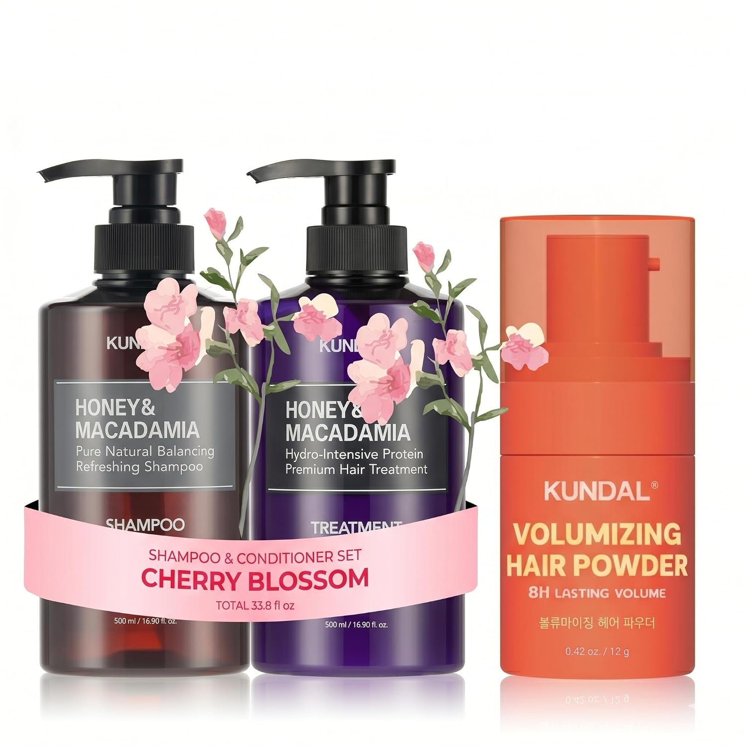 KUNDAL Korean Shampoo and Conditioner Set [Cherry Blossom] & Volumizing Hair Powder