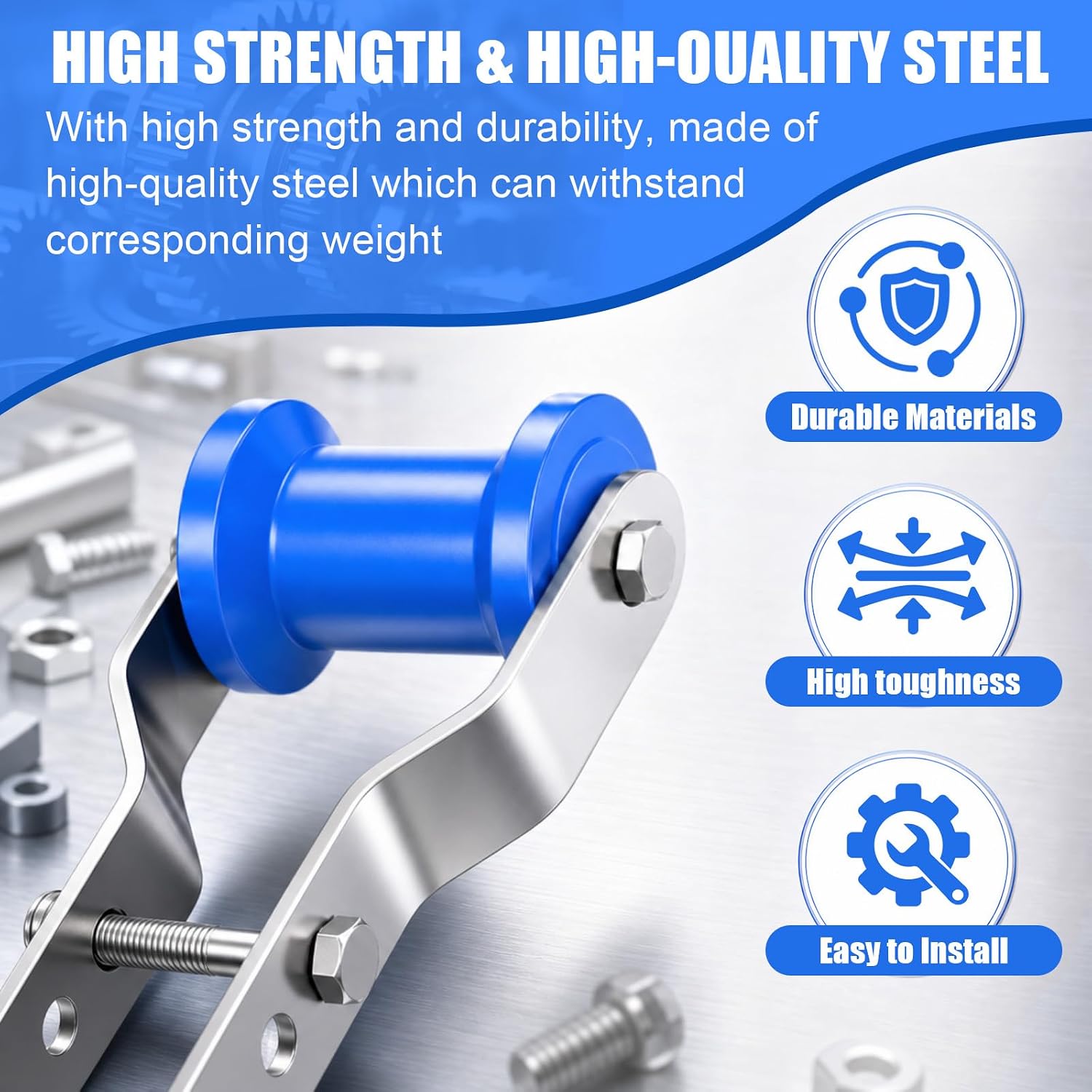 BBTO 2 Pack 4" Boat Trailer Rollers with Brackets, Blue Adjustable Keel Roller Assembly Kit, Galvanized Steel Bracket with Bolts, Fits 2" Trailer Tongue Frame