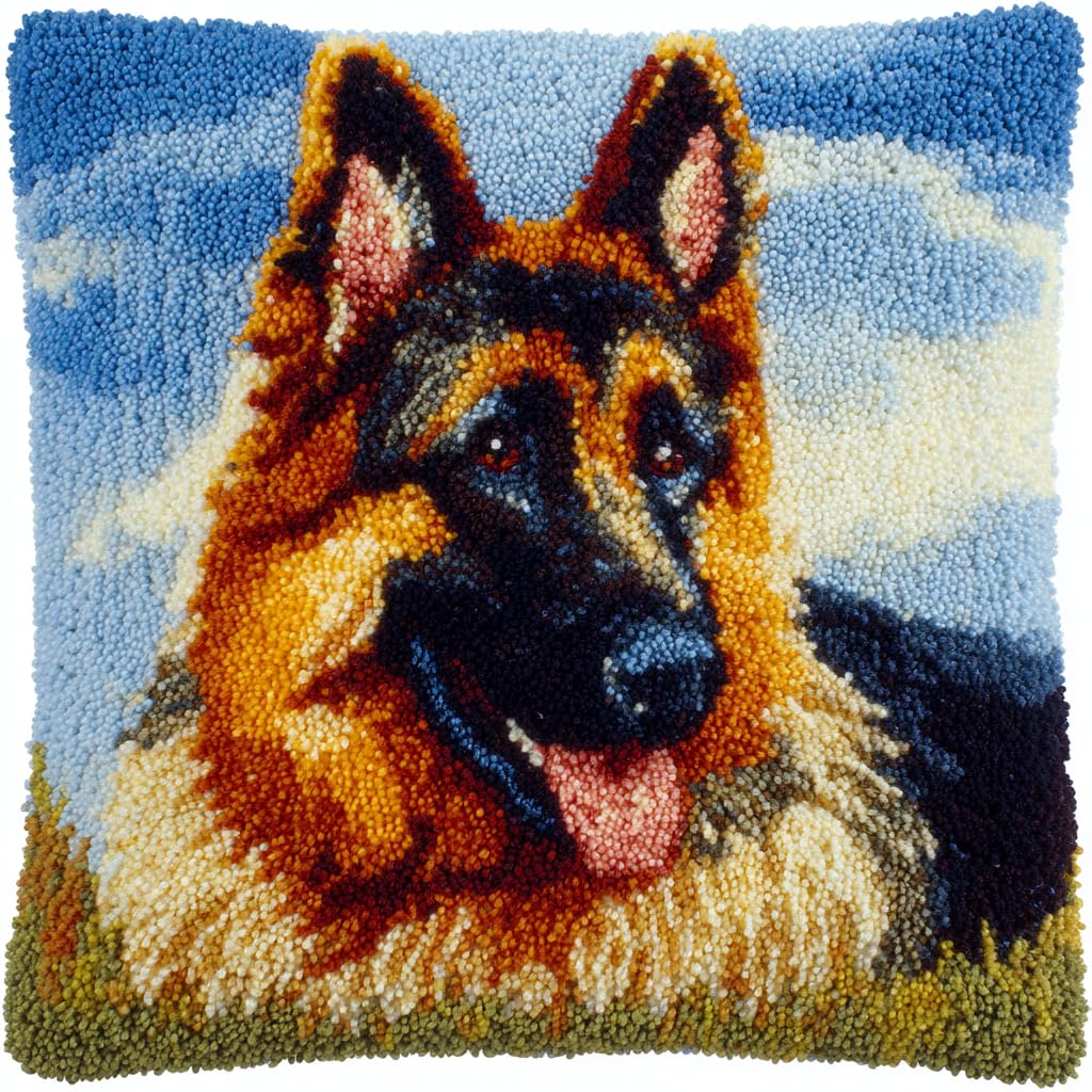 ANSIWEIGO Dog Latch Hook Kit for Kids & Adults – German Shepherd – DIY Cushion Cover Set (43x43 cm) – Creative Craft Project for Family Fun – Cute Dog Theme Craft Pillow