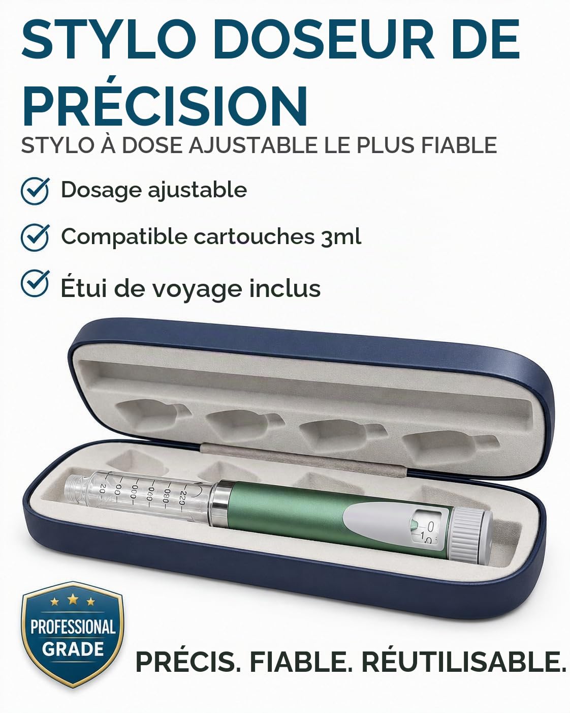 Stylo injecteur à insuline/peptide réutilisable avec étui de voyage rigide, compatible avec les cartouches standard de 3 ml, kit compact et portable