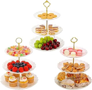 Tosnail 3 Pack 3 Tiers White Plastic Cupcake Stand Dessert Holder Tiered Serving Trays with 3 Styles Fittings, Party Serving Trays Fruit Pastry Holders for Wedding and Party