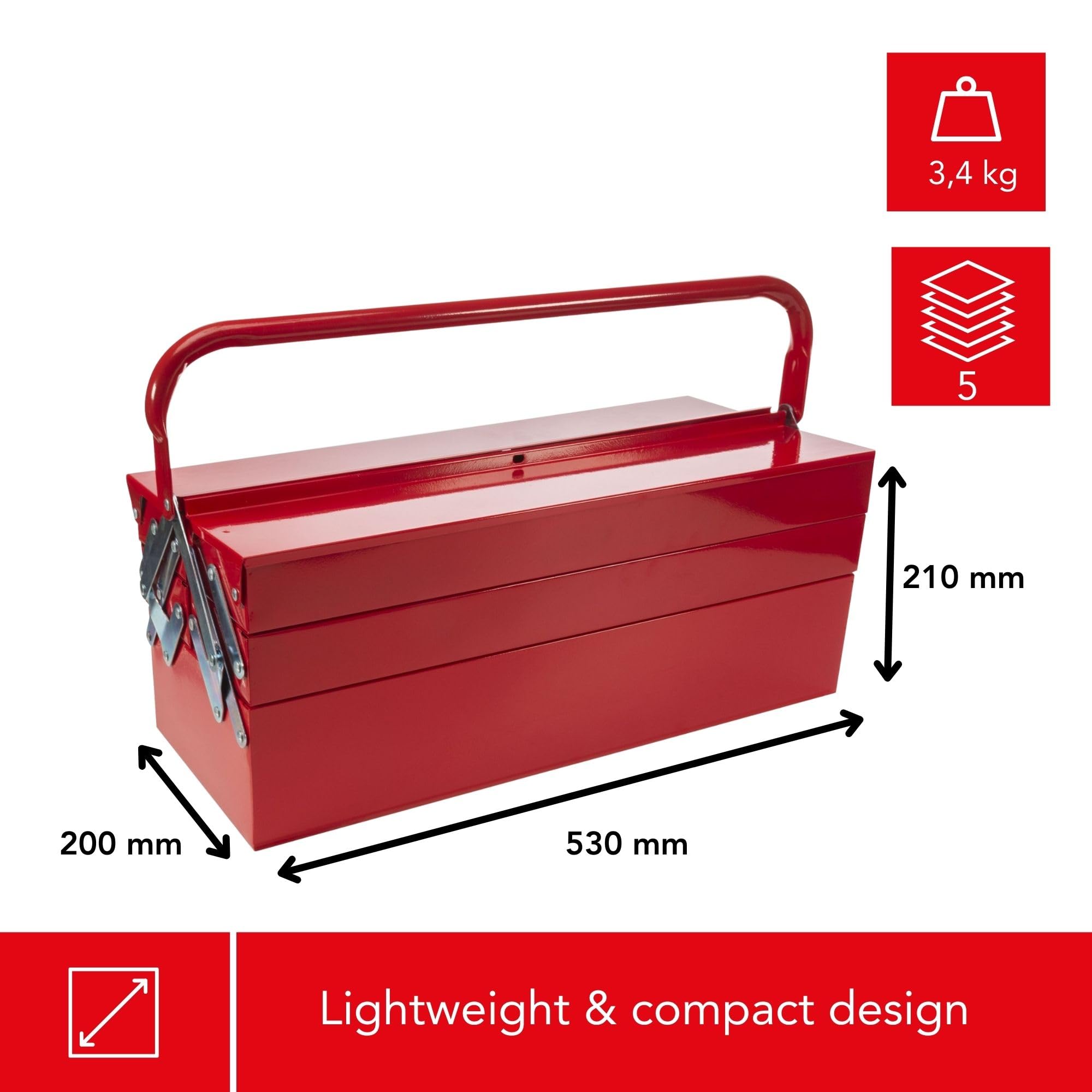 Toolland Cassetta degli attrezzi in metallo 530 x 200 x 200 mm, 5 scomparti sistema cantilever, valigetta porta attrezzi rossa con vassoi apribili, grande box porta utensili con maniglia