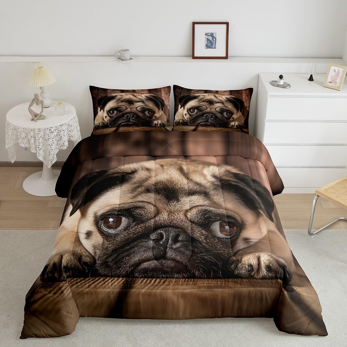 Erosebridl Cute Puppy Comforter Set, Pug Soft Print Decorative Down Comforter Queen Size, Domestic Pet Quilted Duvet, Animal Breathable Duvet Set for Kids Boys Girls with 2Pillow Cases