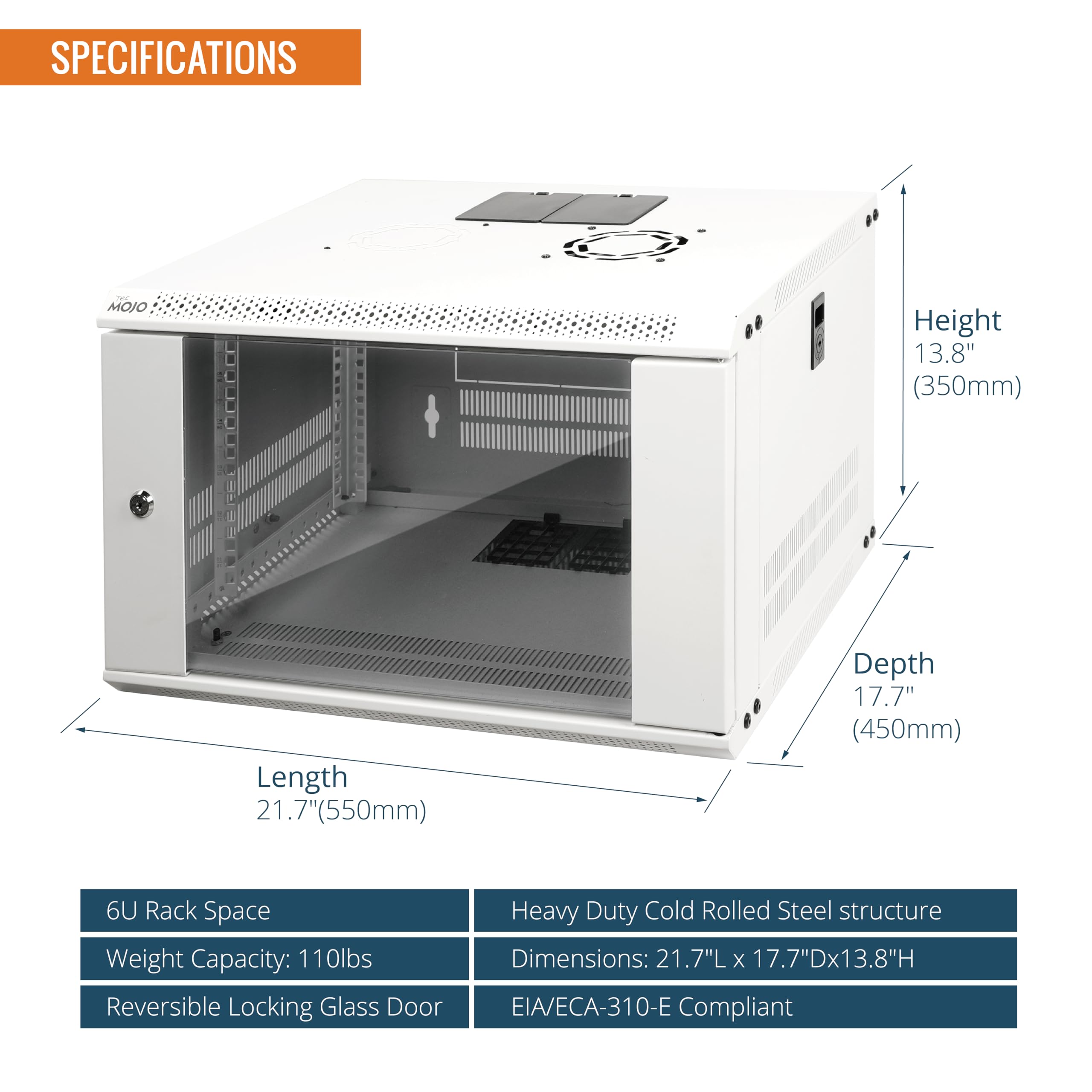Tecmojo Armoire serveur murale 6U 450 mm de profondeur avec porte verrouillable et panneaux latéraux blancs, porte en verre standard, pour équipement informatique de 48,3 cm, appareils A/V, blanc