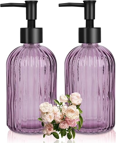 Miniatura 26 de 2 dispensadores de jabón de vidrio transparente con bomba, dispensador de jabón recargable de 11 oz con diseño de diamante para lavado de manos,