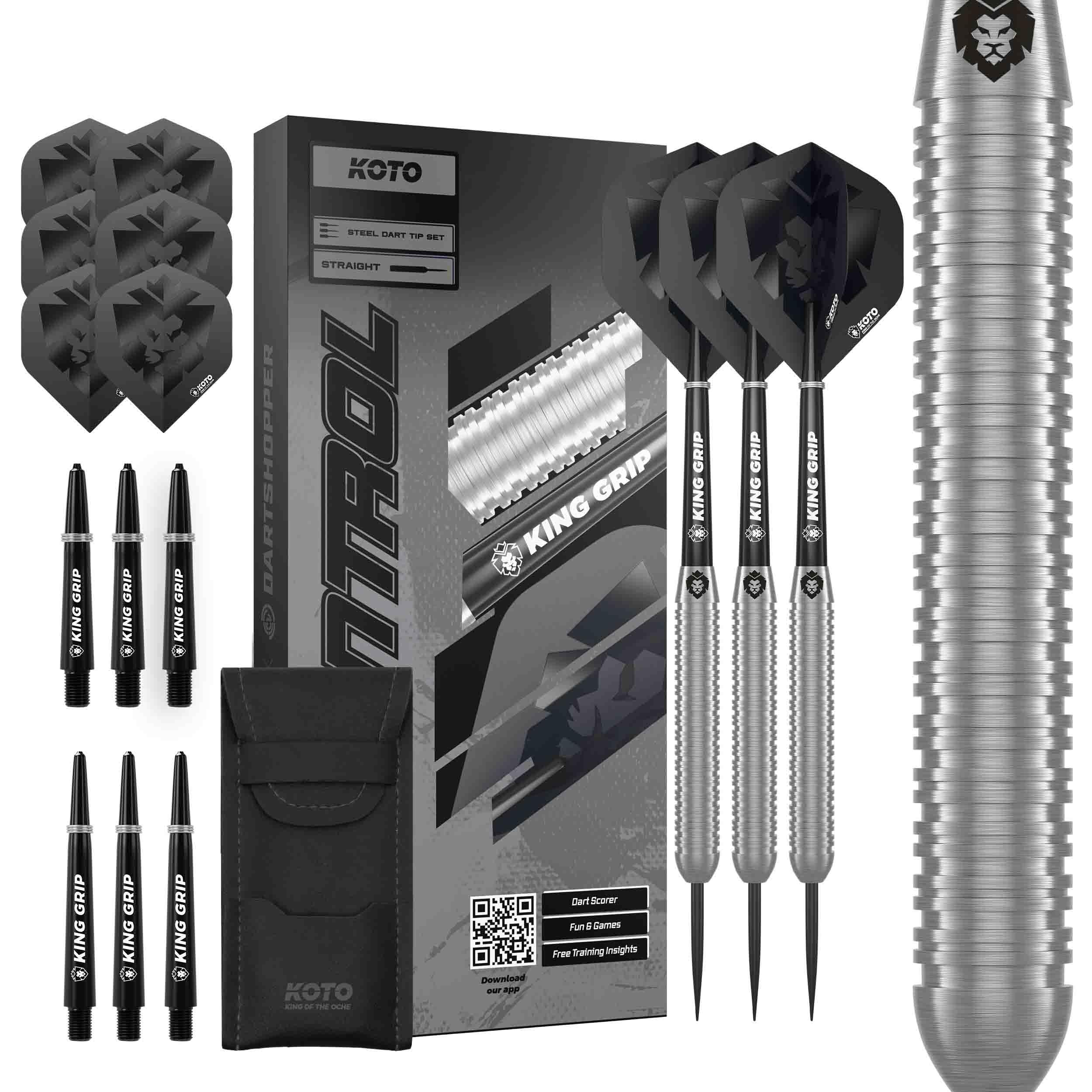 KOTO - Kingcontrol 90% Darts 32 Gram, Black, Firm Ringgrip, Professional Darts Set Incl. 3 Barrels, Flights, Shafts & Dartwallet