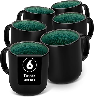 vancasso Kaffeetassen set 6er, PLAYA Tassen Set Steingut Grün, 460ml Kaffeebecher mit Henkel - Perfekt für Kaffee, Tee & mehr