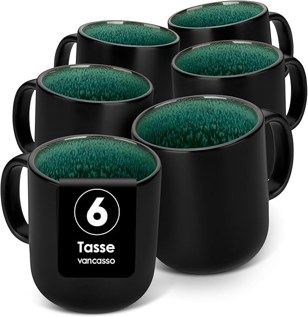 vancasso Kaffeetassen set 6er, PLAYA Tassen Set Steingut Grün, 460ml Kaffeebecher mit Henkel - Perfekt für Kaffee, Tee & mehr