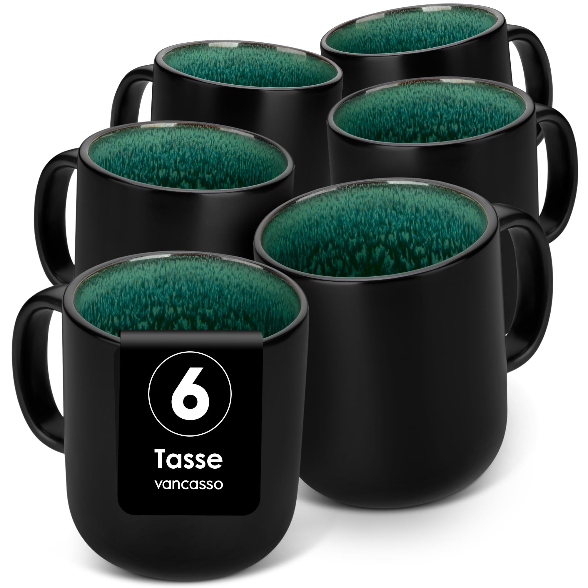 vancasso Kaffeetassen set 6er, PLAYA Tassen Set Steingut Grün, 460ml Kaffeebecher mit Henkel - Perfekt für Kaffee, Tee & mehr