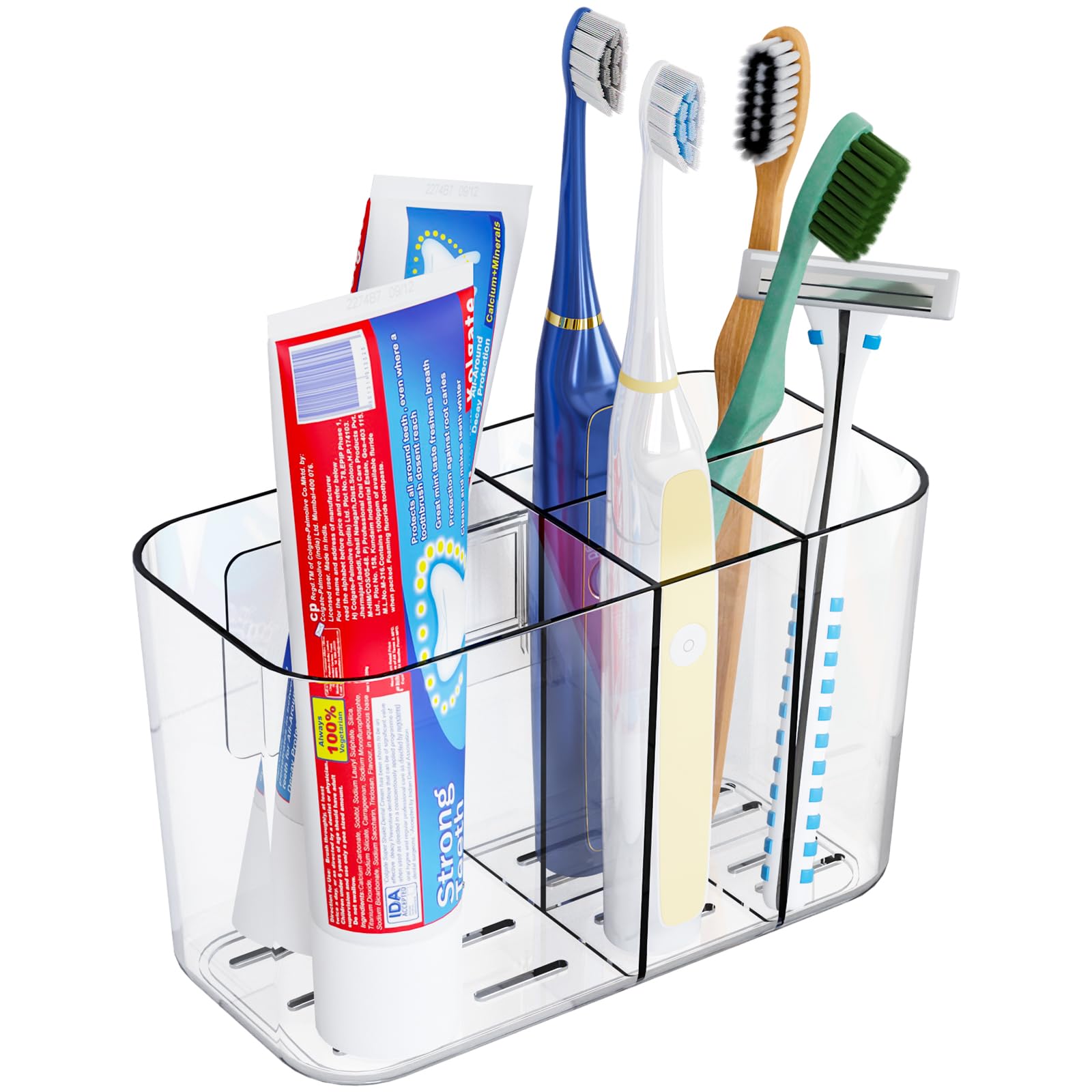 Electric Toothbrush Holder for Bathroom Countertop and Wall Mounted with Adhesive 5 Slots Family Size Clear Tooth Brush